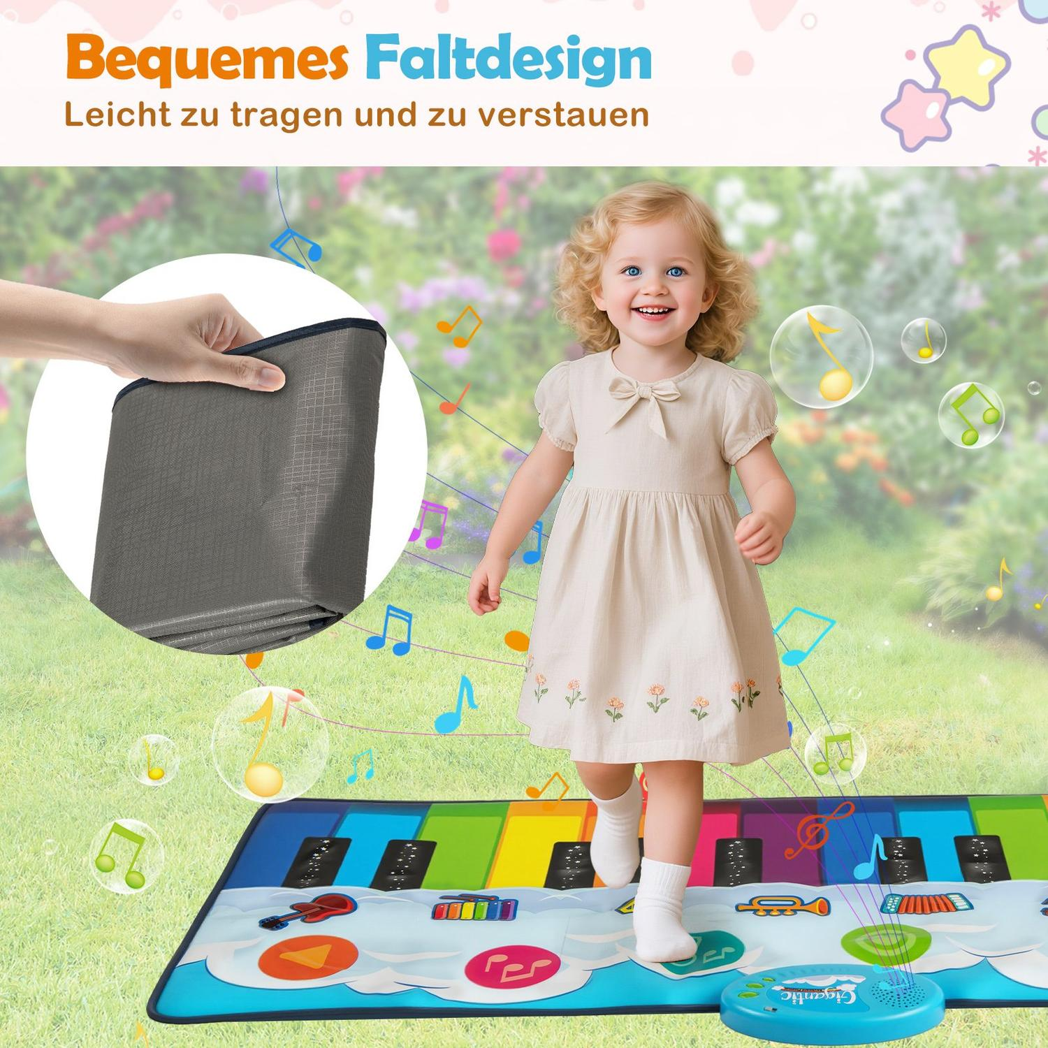 Una niña con un vestido sonríe, caminando sobre una alfombra de piano. Una mano sostiene una alfombra gris doblada. Notas musicales y burbujas flotan.