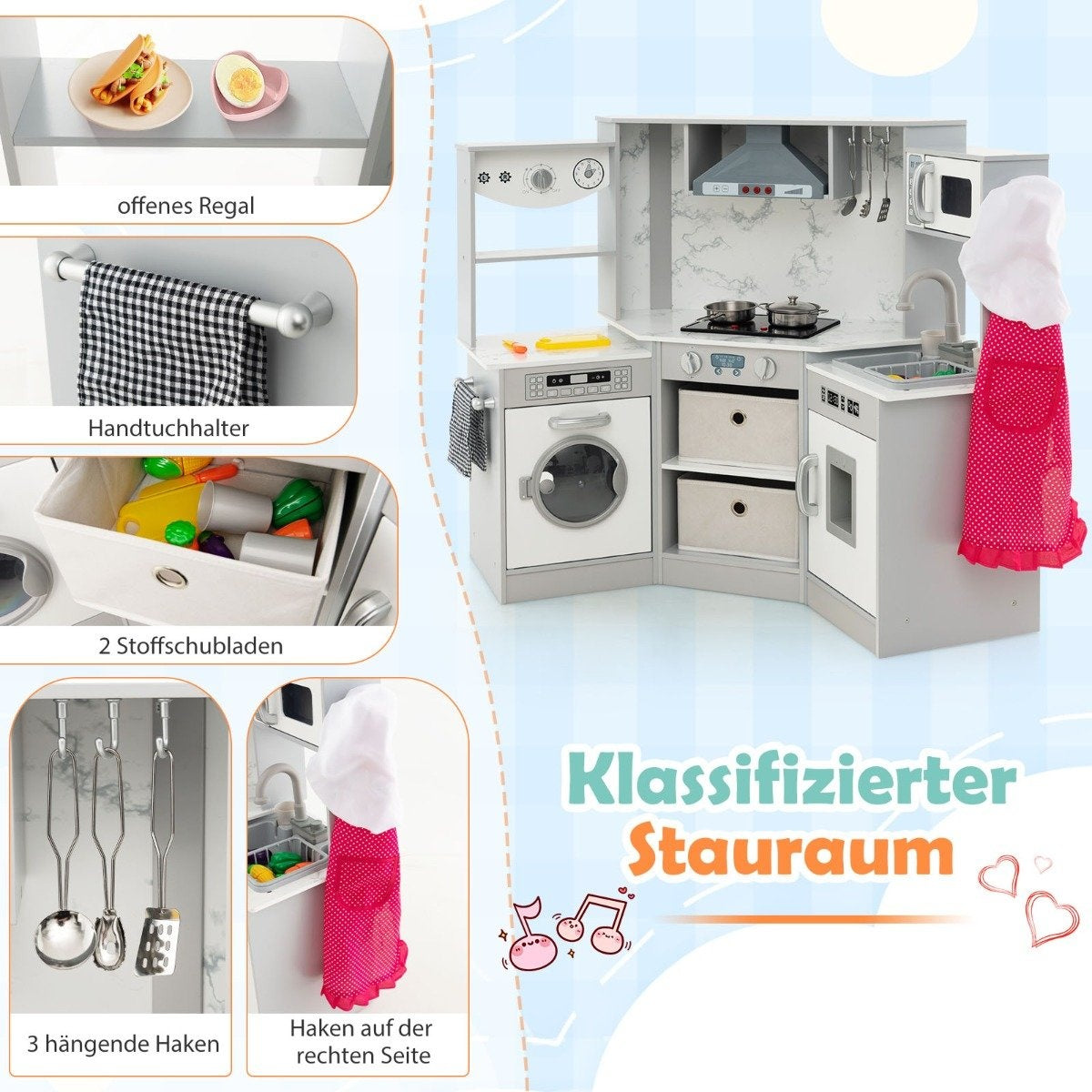 Un juego de cocina de juguete con fregadero, estufa, microondas y lavadora, más accesorios y almacenamiento.