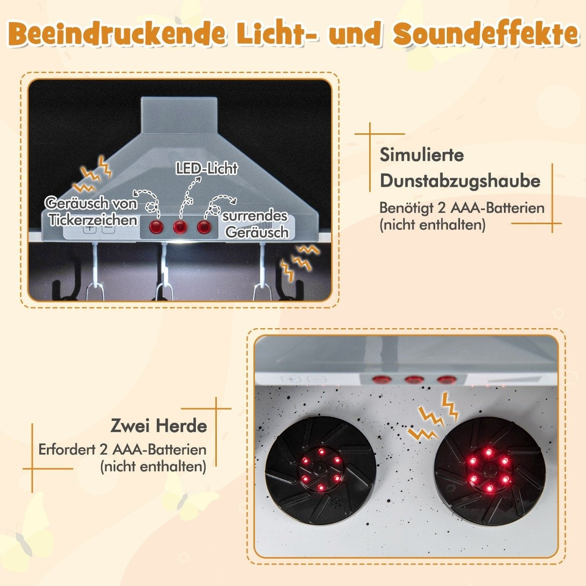 Se muestra un juego de cocina de juguete con efectos de luz y sonido. Incluye una campana con luces LED y dos quemadores de estufa con luces rojas.