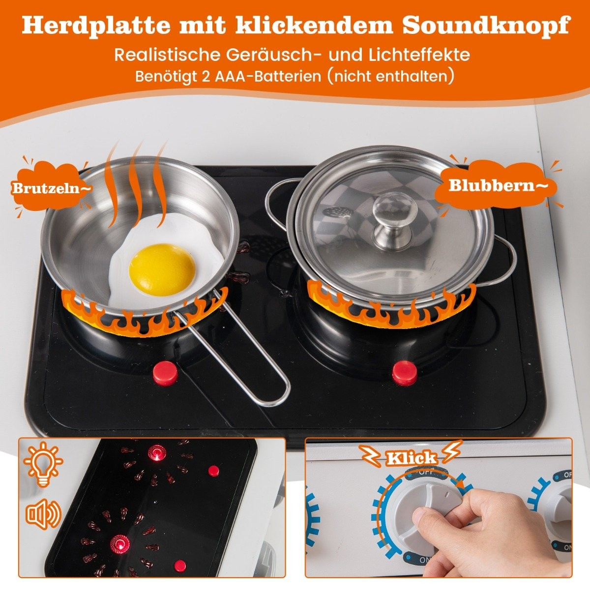 Una estufa de juguete con una sartén con un huevo frito y una olla. La estufa tiene perillas y botones para efectos de sonido y luz.