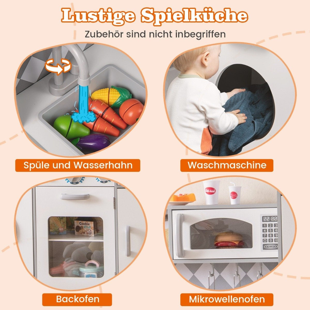 Una cocina de juguete con fregadero y juguetes, un niño con una lavadora de juguete, un horno y un microondas con hamburguesa.