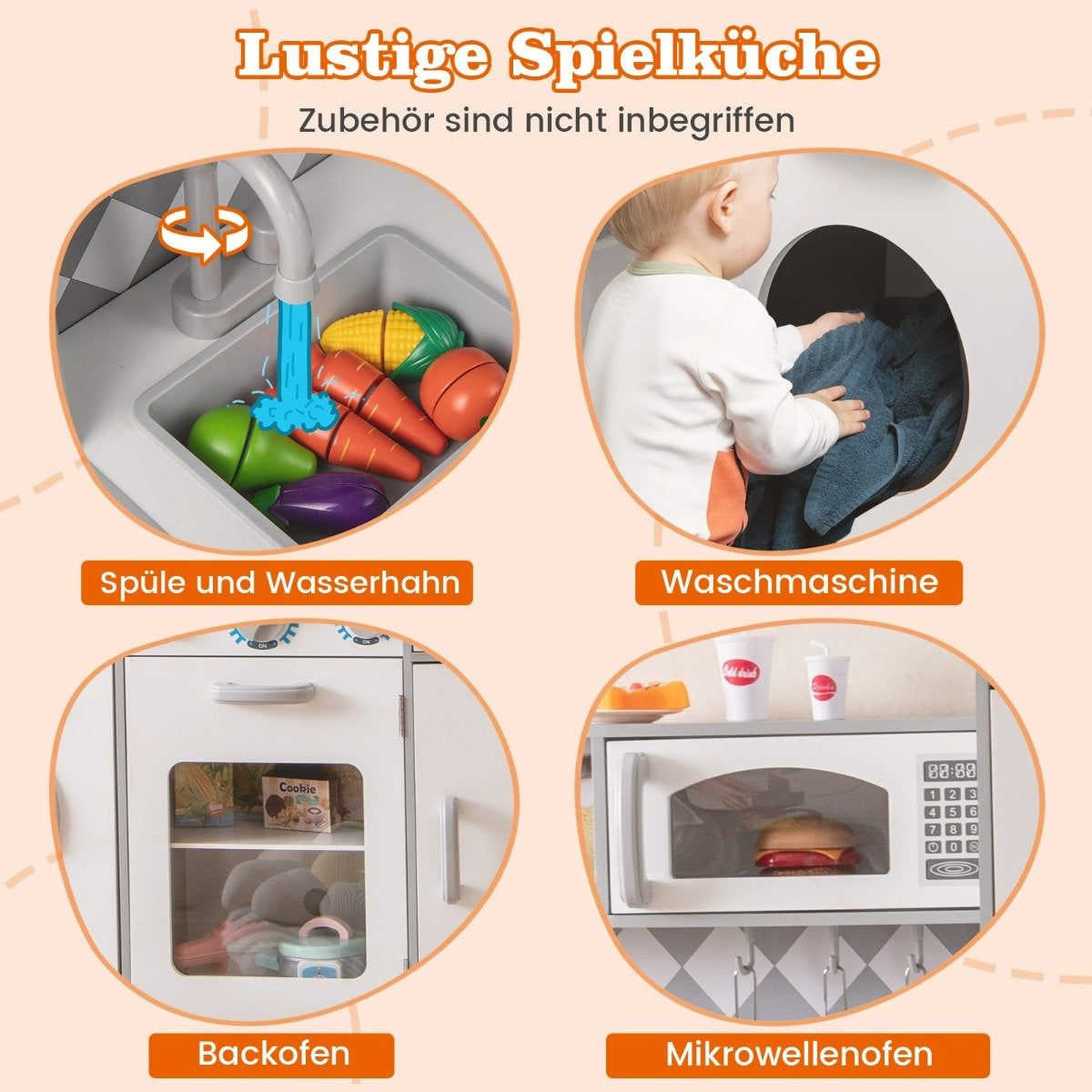 Una cocina de juguete con fregadero, lavadora, horno y microondas. Se ven verduras y un niño. La cocina es blanca y gris.