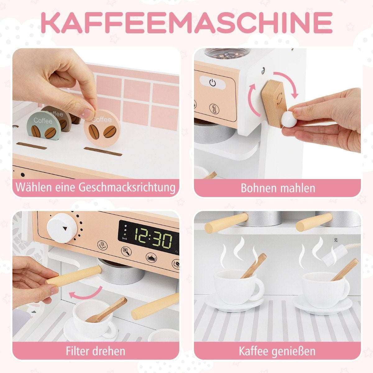 Una cafetera de juguete con elementos de madera. Muestra los pasos: elegir sabor, moler granos, girar el filtro y disfrutar del café.