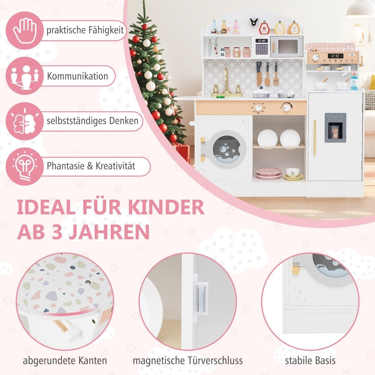 Una cocina de juguete blanca con electrodomésticos y accesorios está frente a un árbol de Navidad. El texto dice 'Ideal para niños a partir de 3 años'.