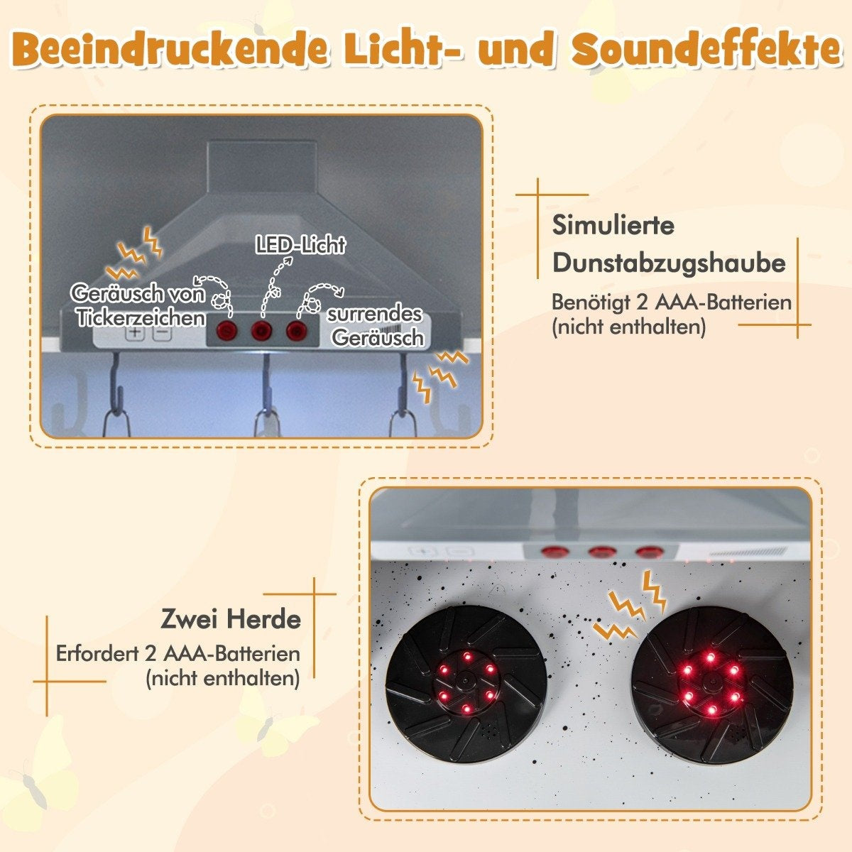 La imagen muestra una cocina de juguete con una campana extractora simulada y dos quemadores de estufa. El texto destaca los efectos de luz y sonido.