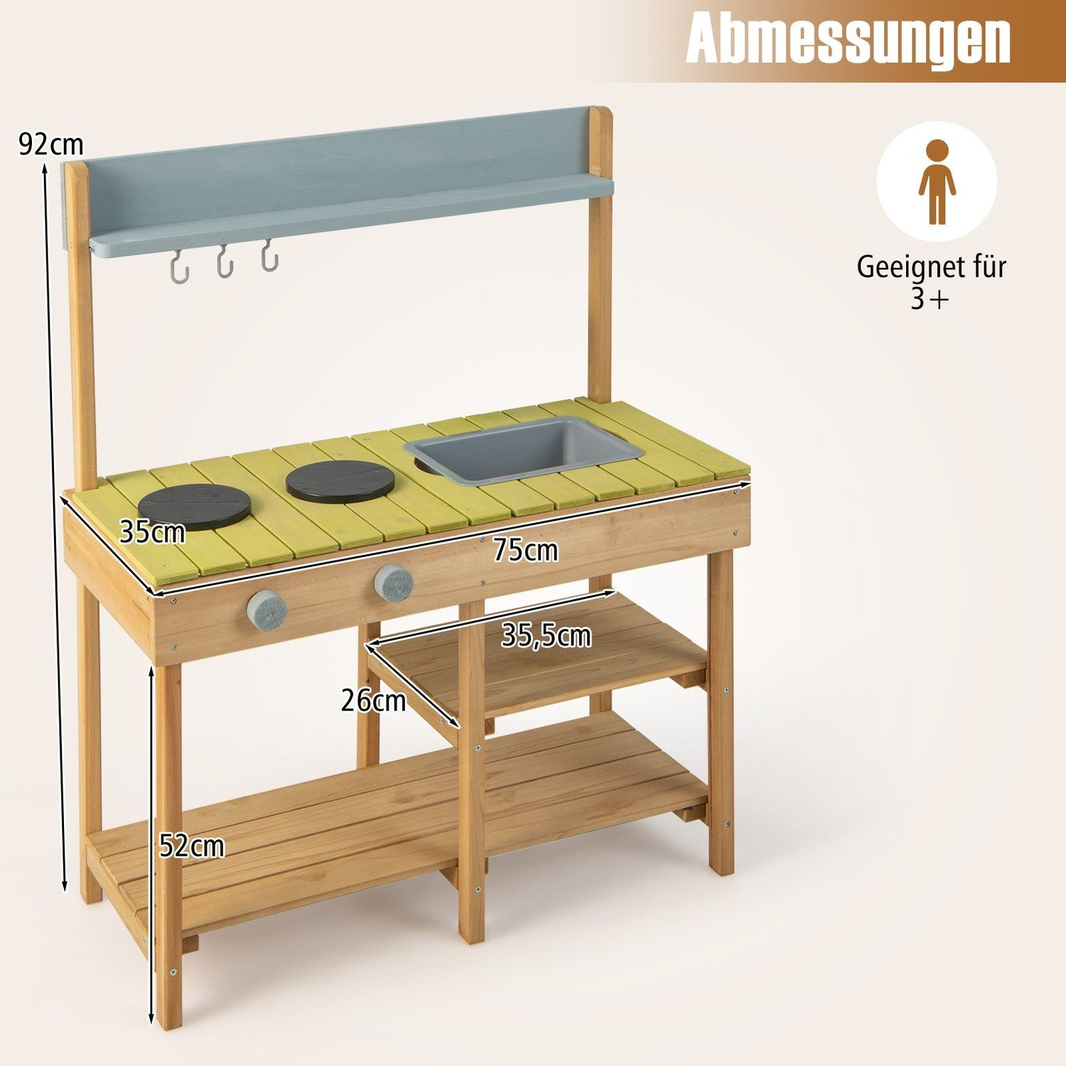 Cocina de juguete de madera. Tiene un fregadero, una estufa y estantes. Adecuada para niños mayores de 3 años.