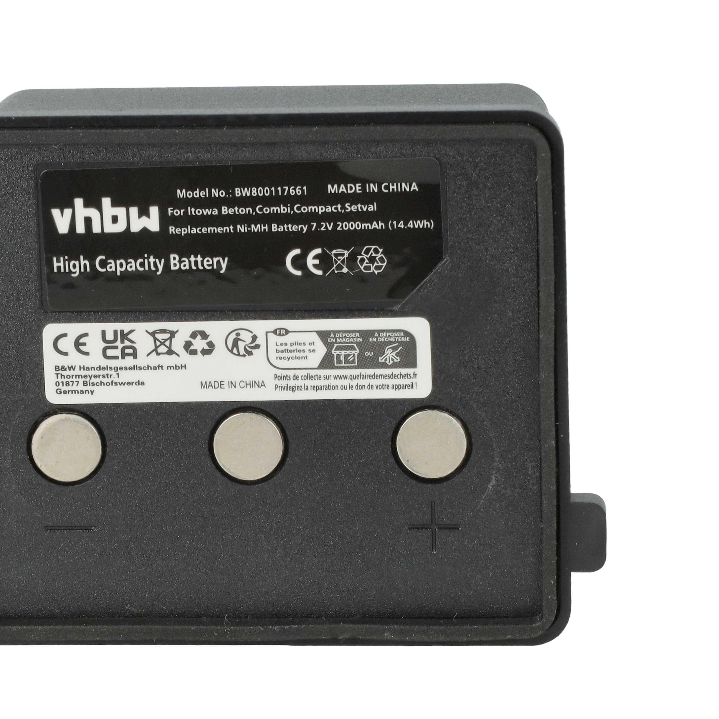 Ein schwarzes Batteriepack mit Text wie vhbw, CE und Recycling-Symbolen. Es hat drei silberne Knöpfe.