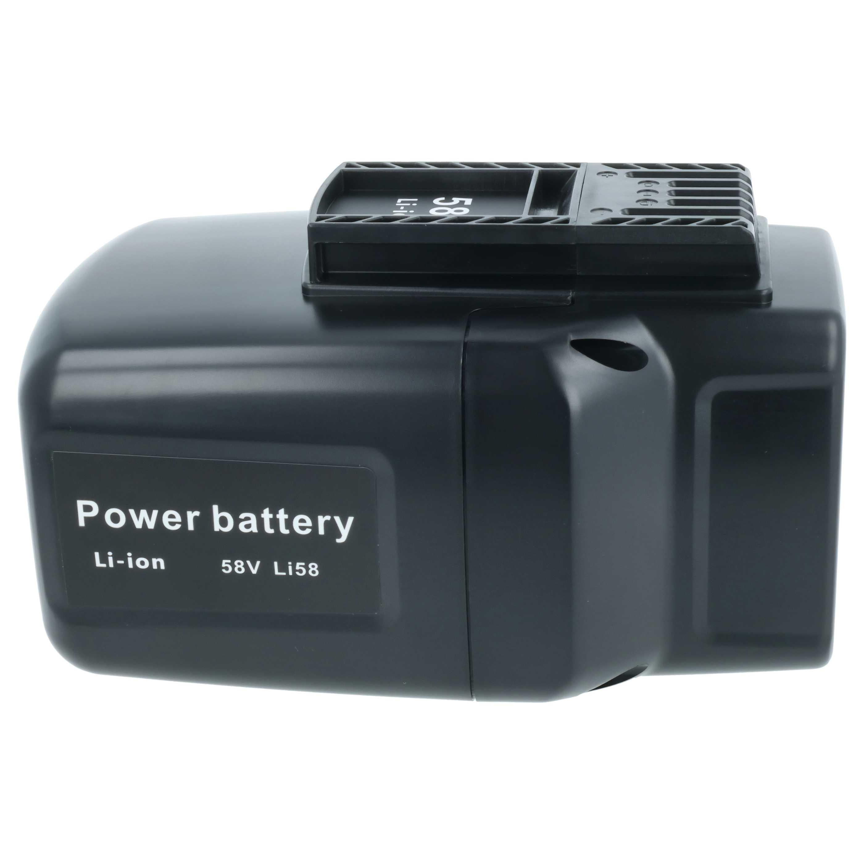 Schwarzer Akku. Es hat ein Etikett mit der Aufschrift 'Power battery Li-ion 58V Li58'. Es hat eine schwarze Kunststoffoberseite.