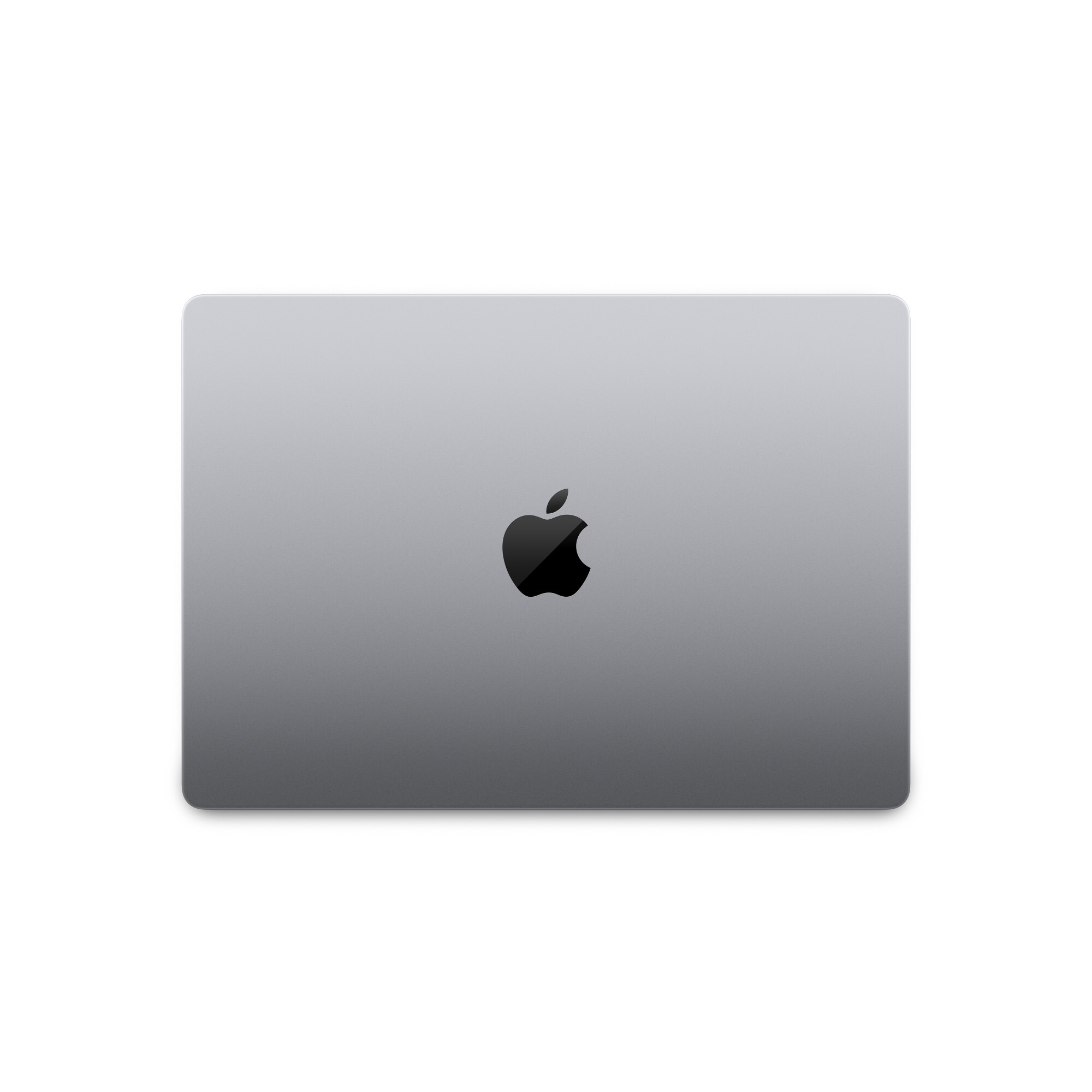 Srebrny laptop z czarnym logo Apple na pokrywie, na białym tle.