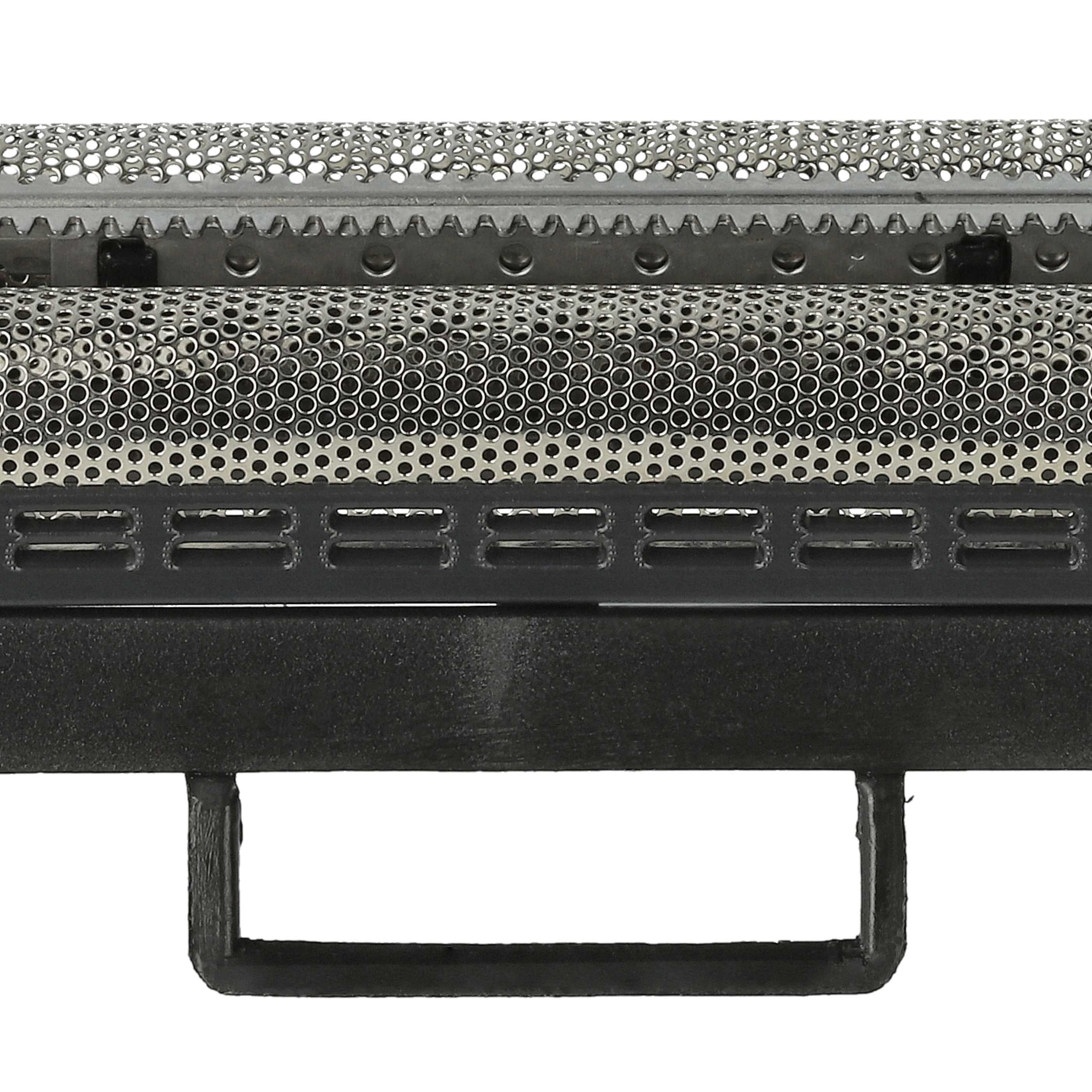 Nahaufnahme eines metallischen Rasiererkopfes mit Perforationen und einem schwarzen Griff. Die Klingen haben ein Netzdesign.