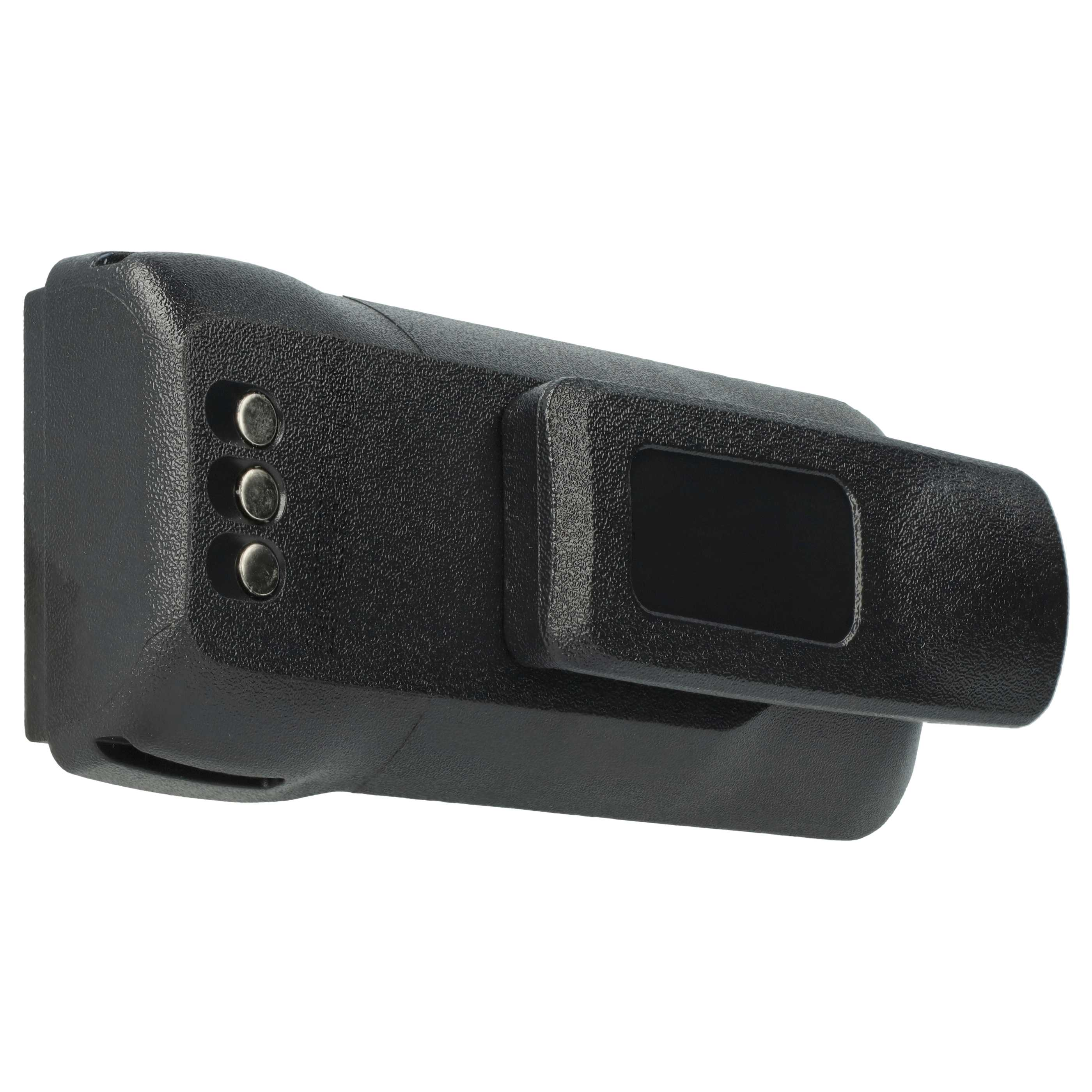 Schwarzes Kunststoffgerät mit Knöpfen und Clip, vor weißem Hintergrund.