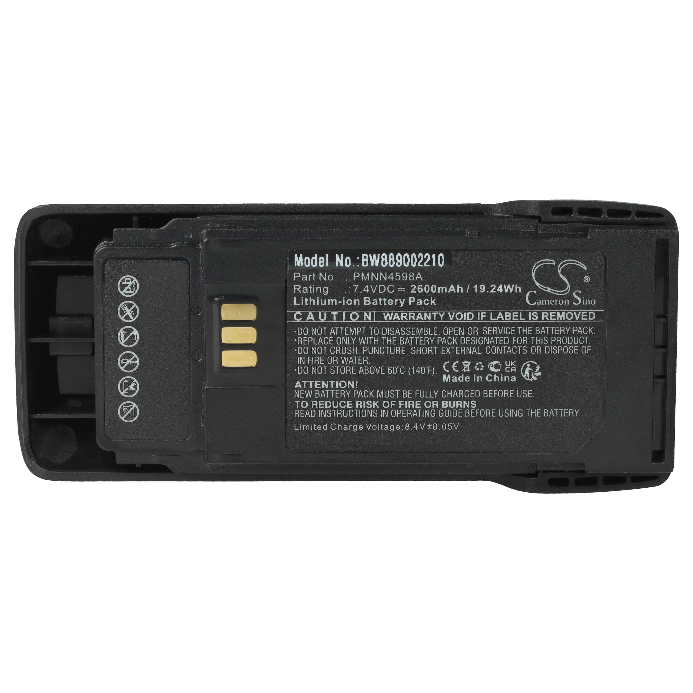 Ein schwarzer Lithium-Ionen-Akkupack mit Etiketten, Text und Symbolen. Es ist ein Cameron Sino Produkt.