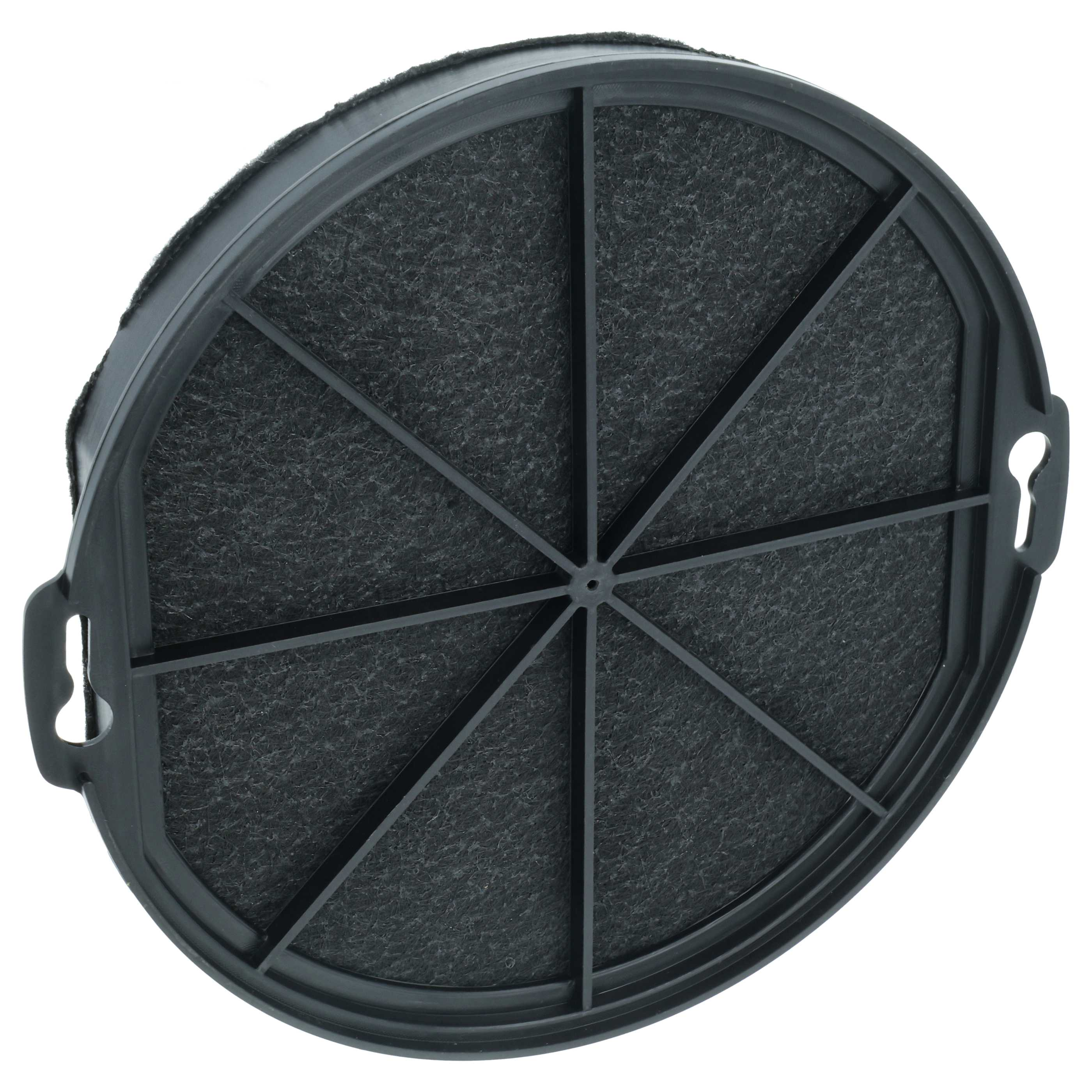 Runder, schwarzer Luftfilter mit Gitterdesign. Der Filter hat ein dunkles, poröses Material. Es ist auf weißem Hintergrund.