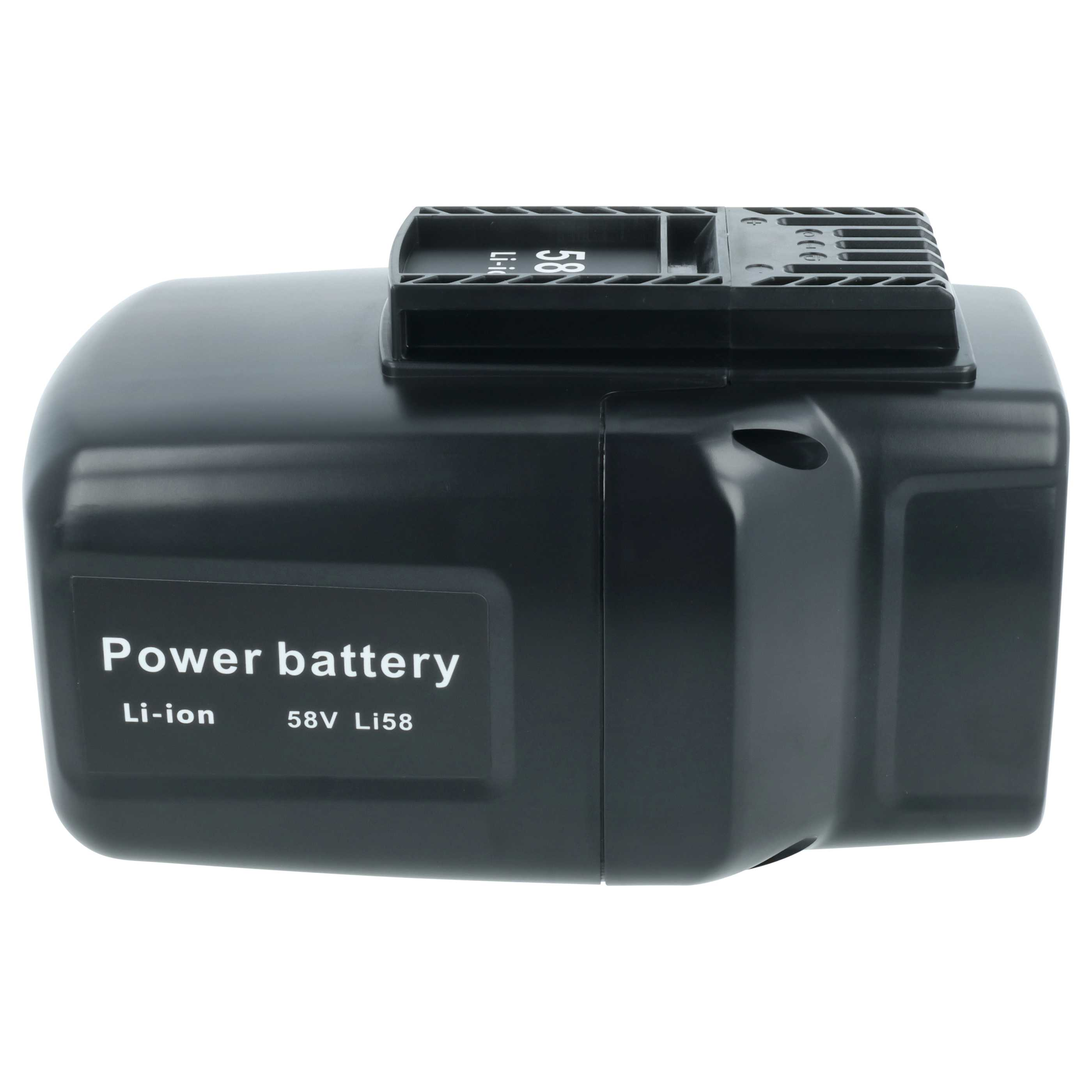 Ein schwarzer Akku mit den Wörtern 'Power battery' und 'Li-ion 58V Li58' darauf.
