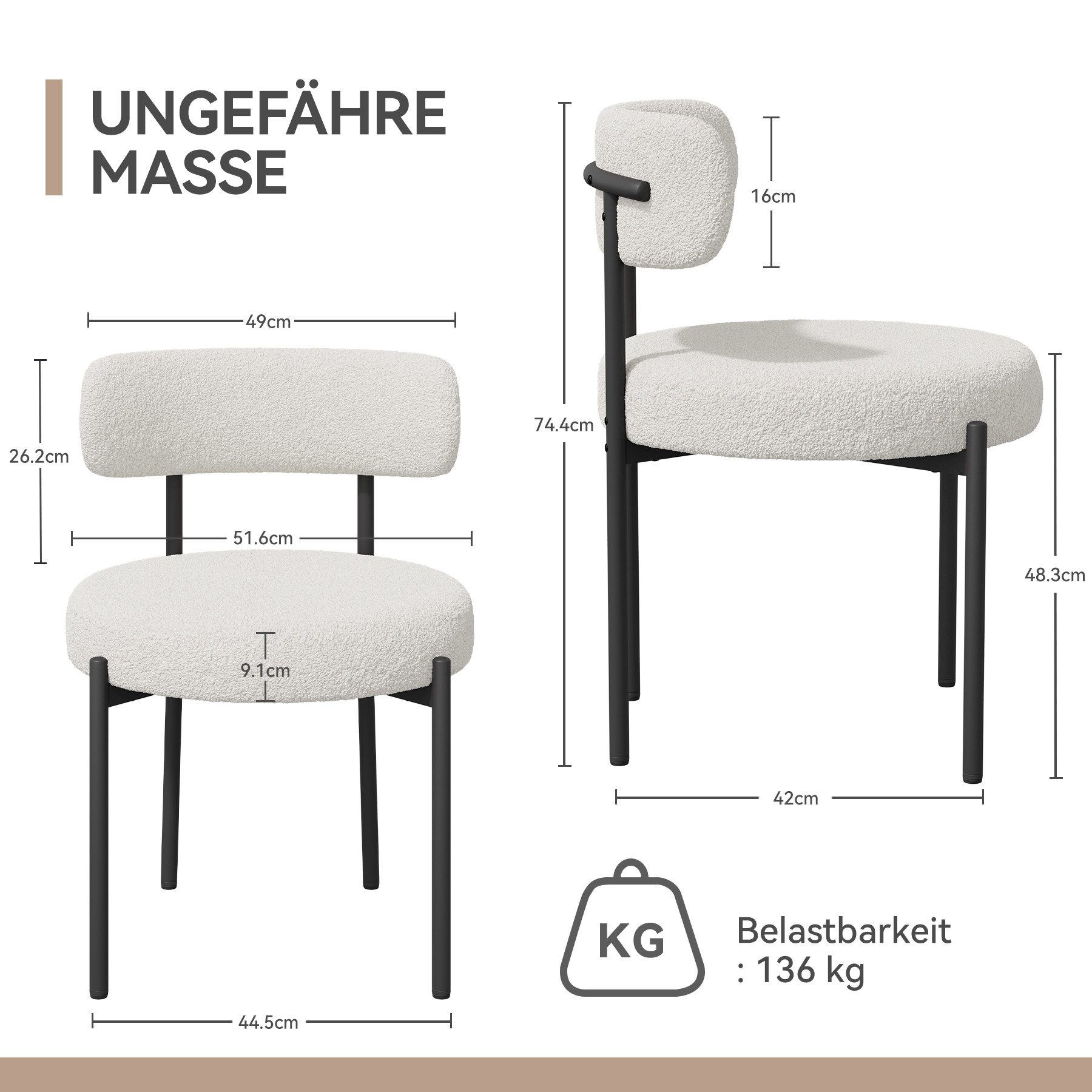 Diagramm eines weißen Stuhls mit schwarzen Beinen. Abmessungen und Tragfähigkeit sind angegeben.