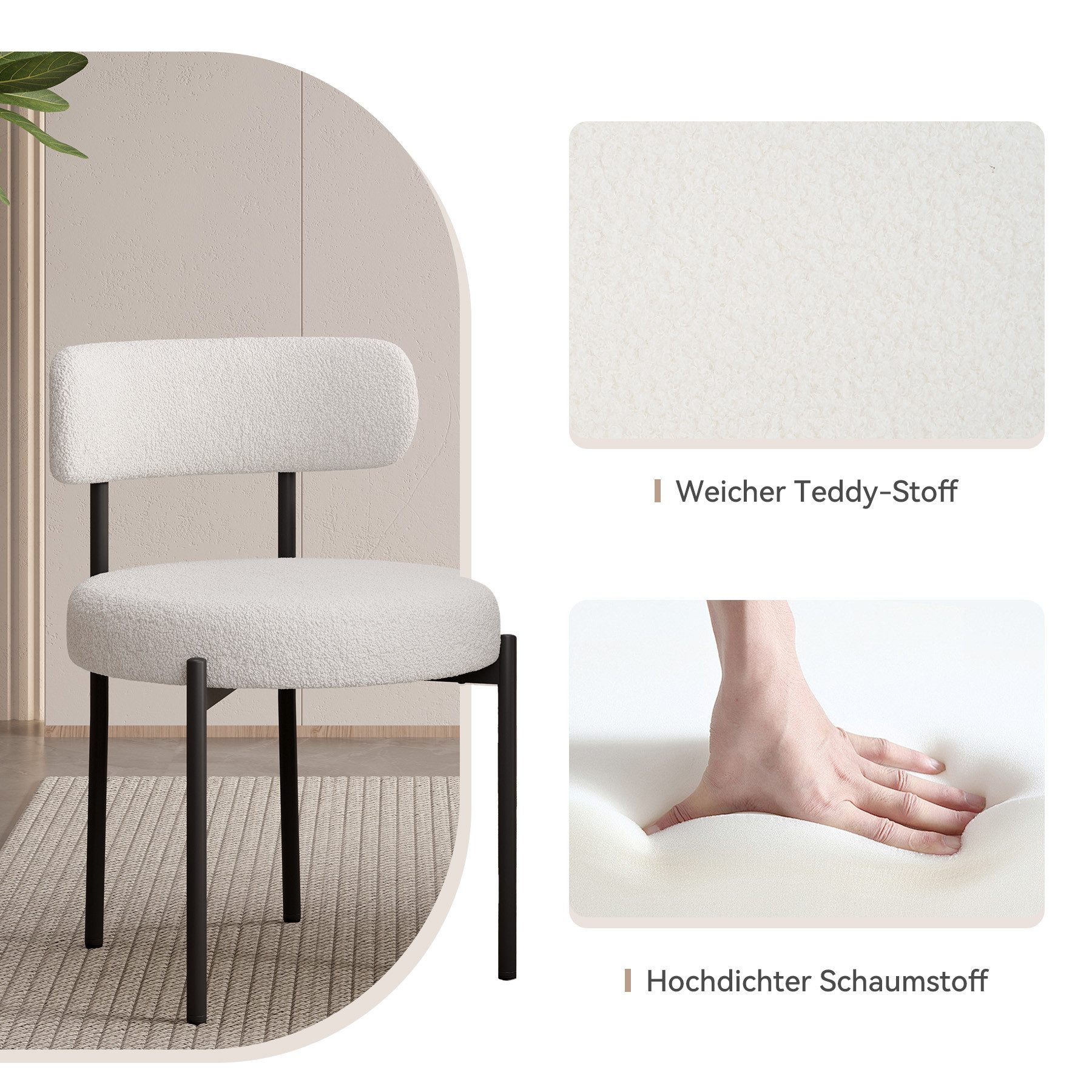 Ein weißer Stuhl mit schwarzen Beinen. Er hat eine abgerundete Rückenlehne und einen Sitz. Texturen von Stoff und Schaumstoff.