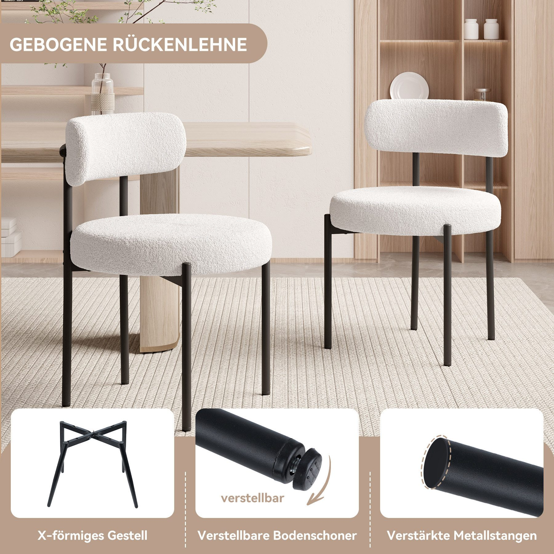 Zwei Stühle mit weißen Sitzen und Rückenlehnen, schwarzen Metallrahmen, in einem Raum mit hellem Teppich und Holzmöbeln.