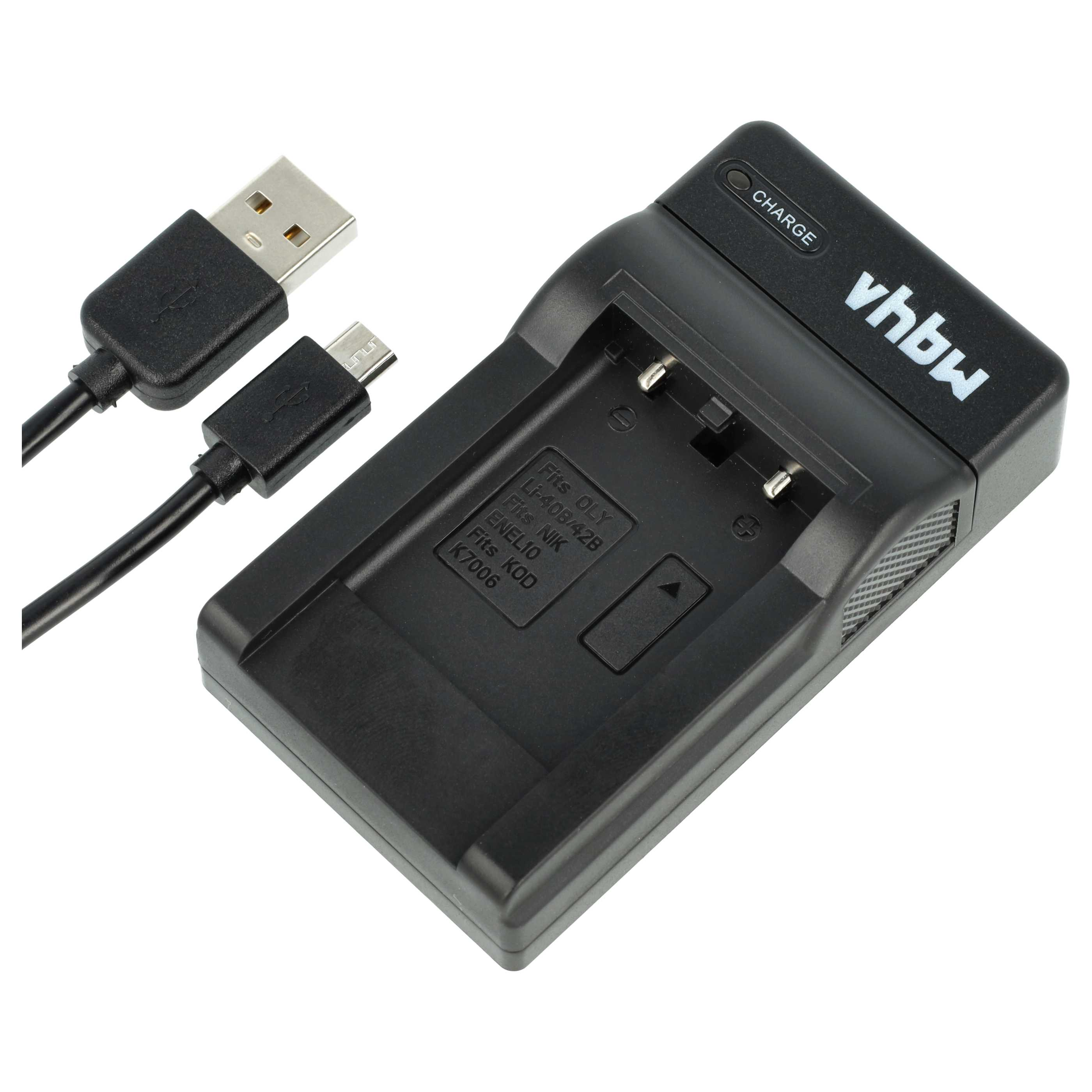 Ein schwarzes Ladegerät mit angeschlossenem USB-Kabel. Auf dem Ladegerät steht 'CHARGE' und 'vhbw'.