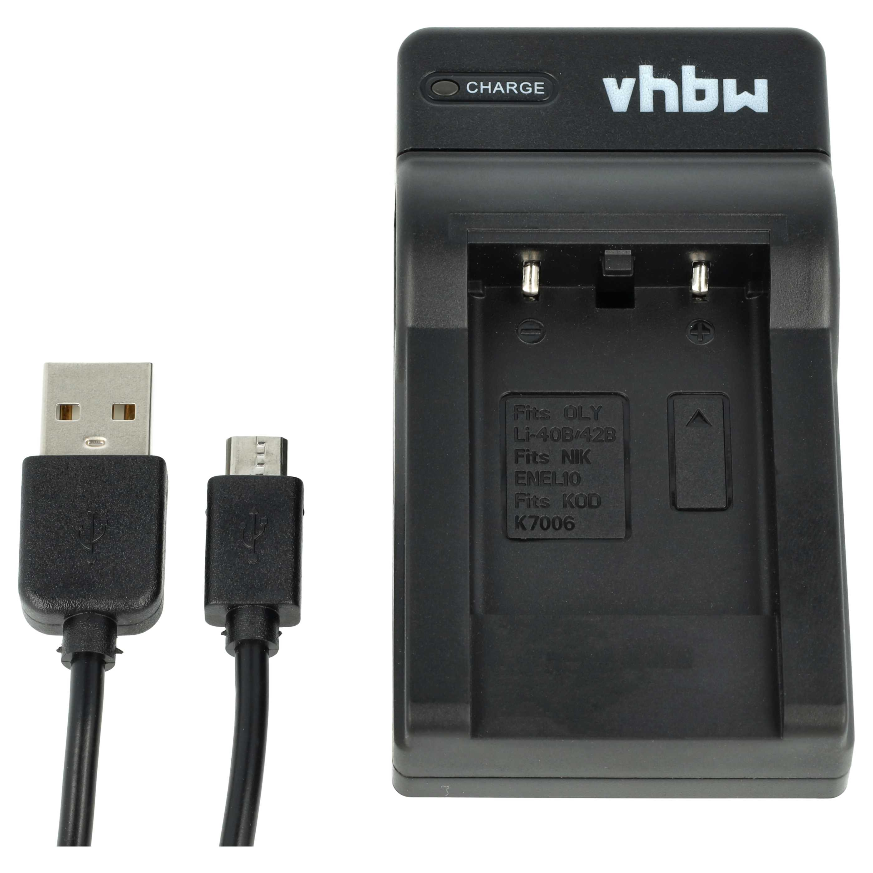 Schwarzes Batterieladegerät mit USB-Kabel. Ladegerät hat 'CHARGE'-Anzeige und 'vhbw'-Logo. Kompatibel mit verschiedenen Batterien.