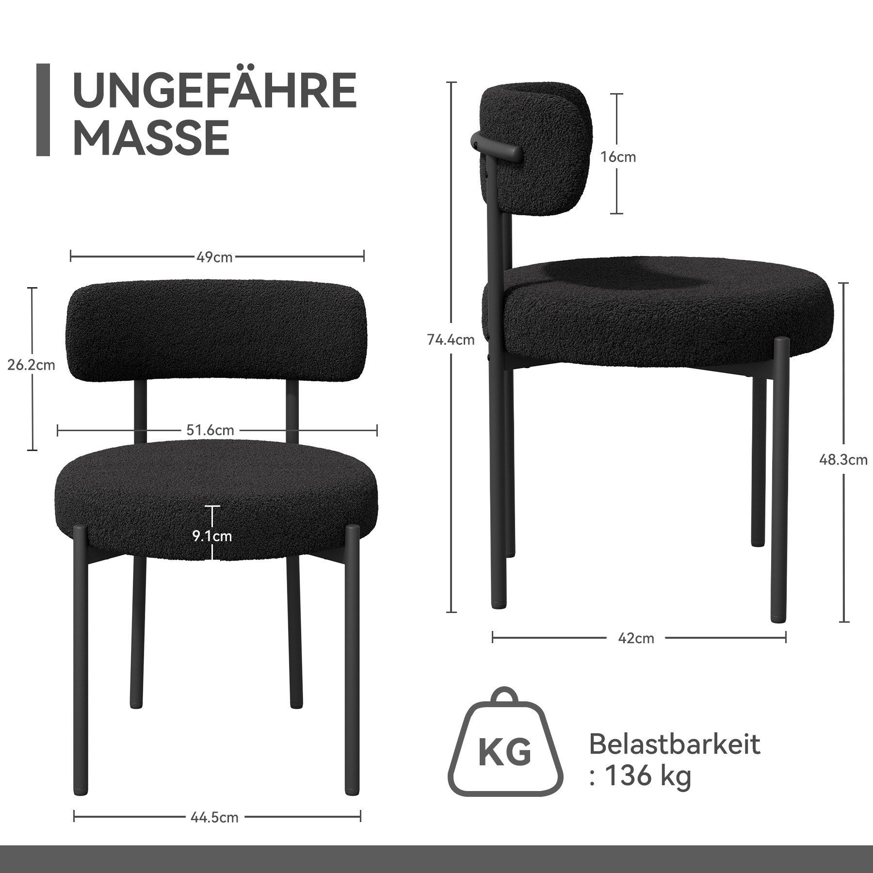 Schwarzer Stuhl mit Abmessungen und Tragfähigkeit, illustriert auf weißem Hintergrund.
