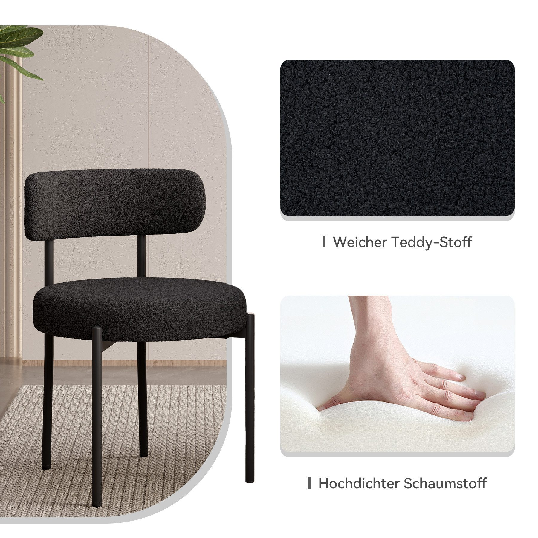 Schwarzer Stuhl mit Teddy-Stoff, Metallrahmen und hochdichtem Schaumstoff. Detailaufnahmen zeigen Stoff- und Schaumstrukturen.