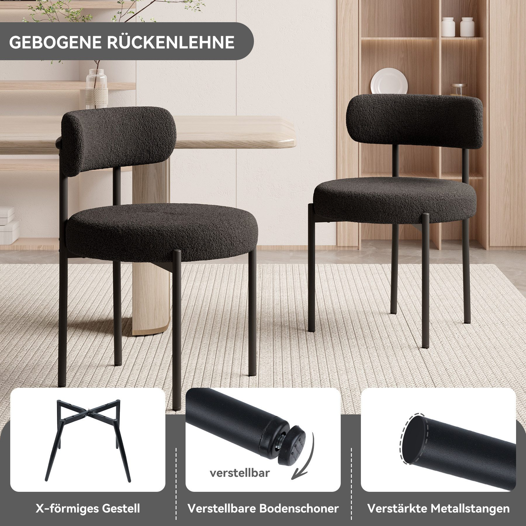 Zwei schwarze Stühle mit geschwungenen Rückenlehnen, Metallbeinen und strukturierten Sitzen. Details der Beine und des Untergestells sind abgebildet.
