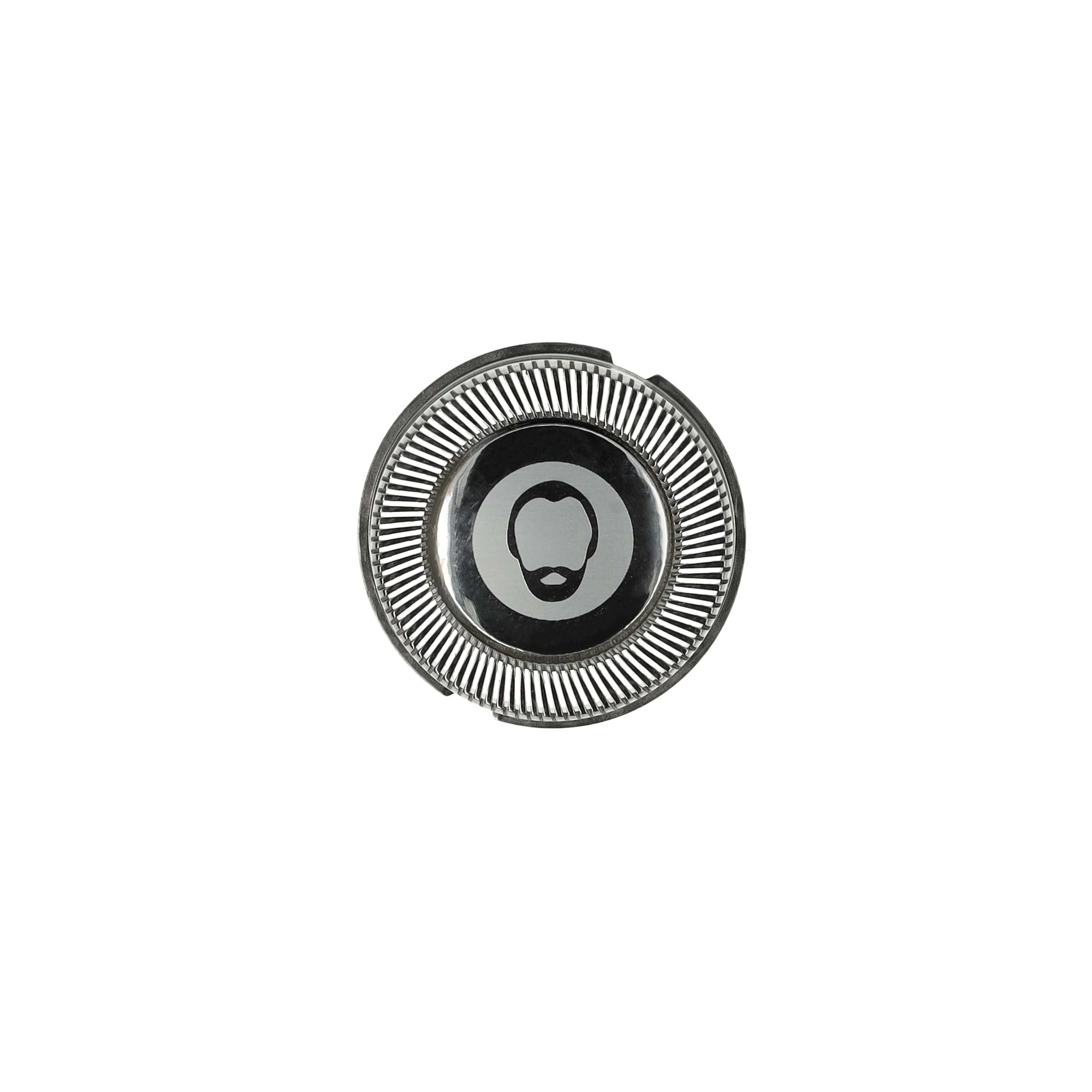Ein kreisförmiger Rasierkopf. Es hat eine Mitte mit einem Bartsymbol. Umgeben von metallischen Rippen.