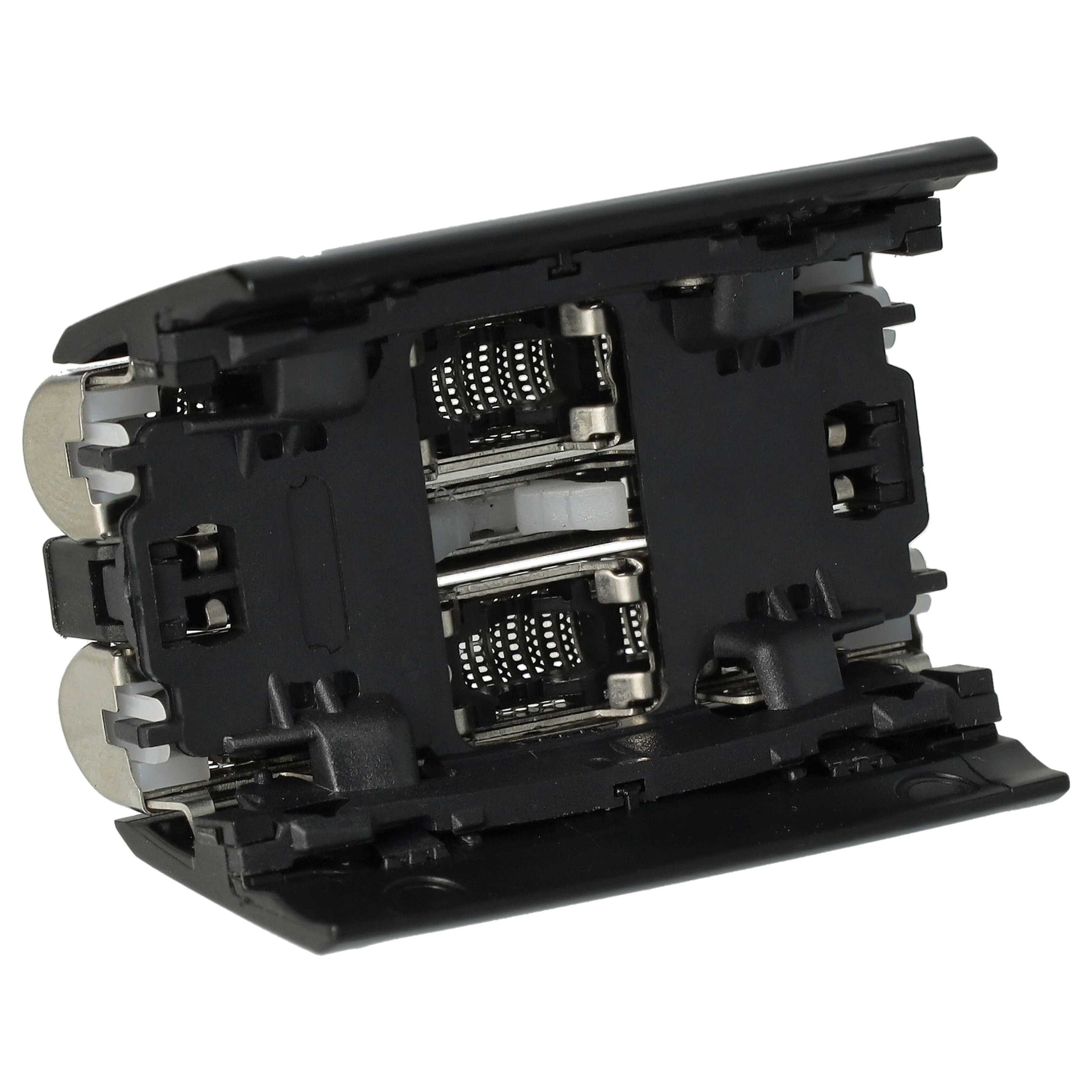 Eine schwarze Kunststoffkomponente mit Metall- und Weißteilen, vermutlich von einem elektronischen Gerät.