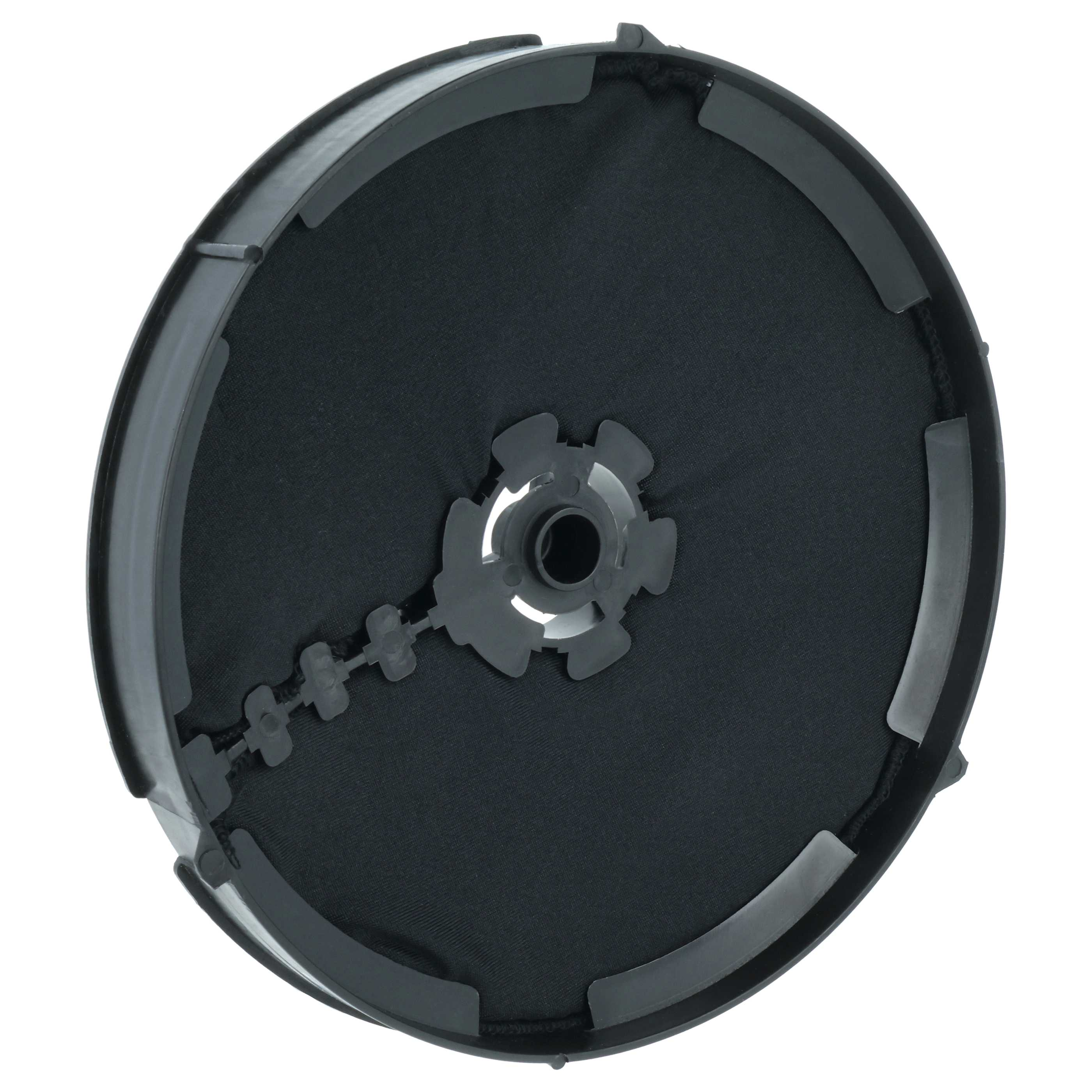 Ein kreisförmiger schwarzer Filter mit zentraler Nabe, umgeben von einem schwarzen Rahmen mit weißem Hintergrund.
