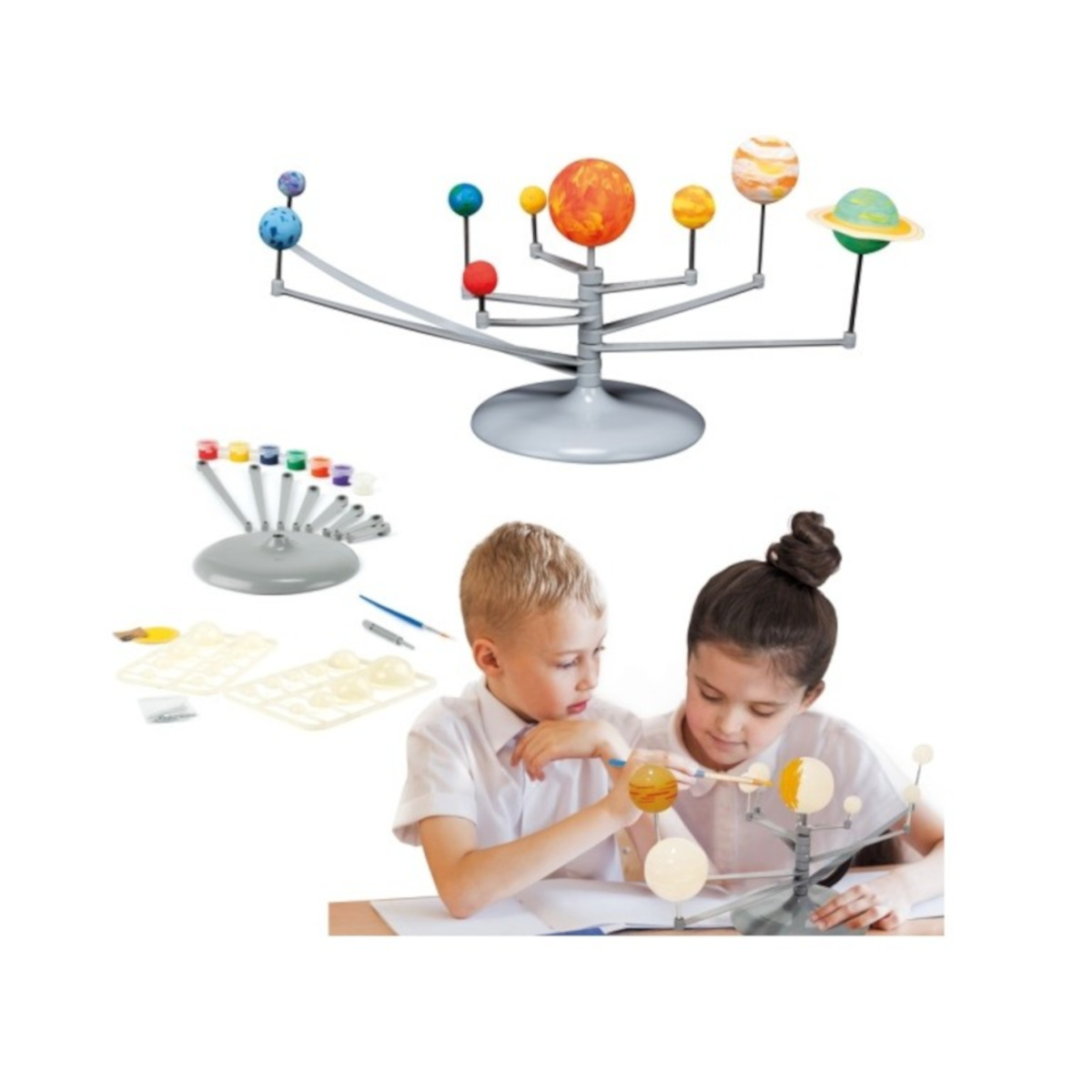 Zwei Kinder malen ein Sonnensystemmodell. Planeten in verschiedenen Farben sind an einem grauen Ständer befestigt. Farbe und Pinsel sind sichtbar.