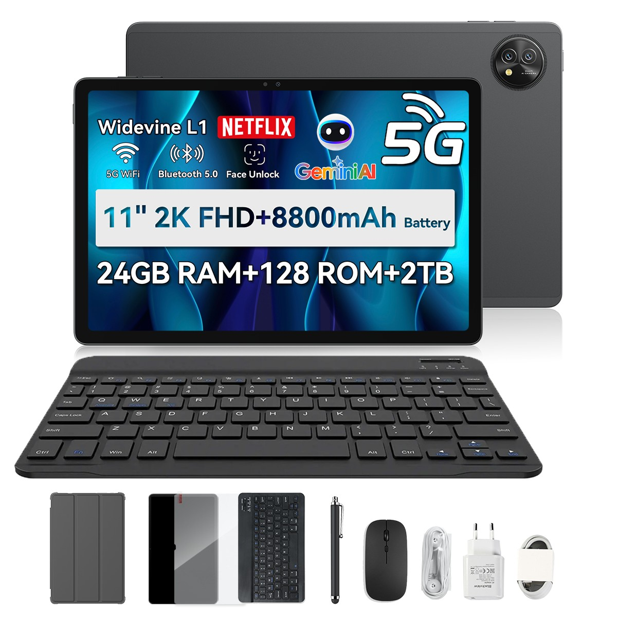Ein Tablet mit Tastatur und Zubehör wird angezeigt. Es zeigt Spezifikationen auf dem Bildschirm: 2K FHD, 24 GB RAM, 128 ROM, 2 TB, 5G und Netflix.