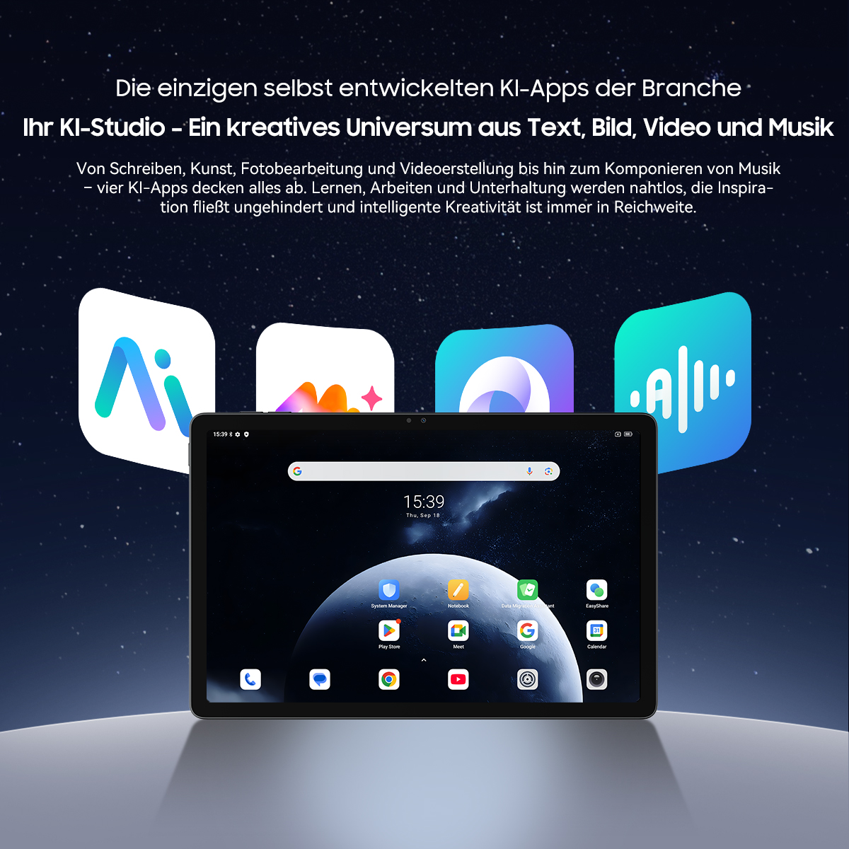 Ein Tablet zeigt App-Symbole und die Uhrzeit. Vier App-Logos schweben darüber, vor einem Sternenhintergrund. Text auf Deutsch ist vorhanden.