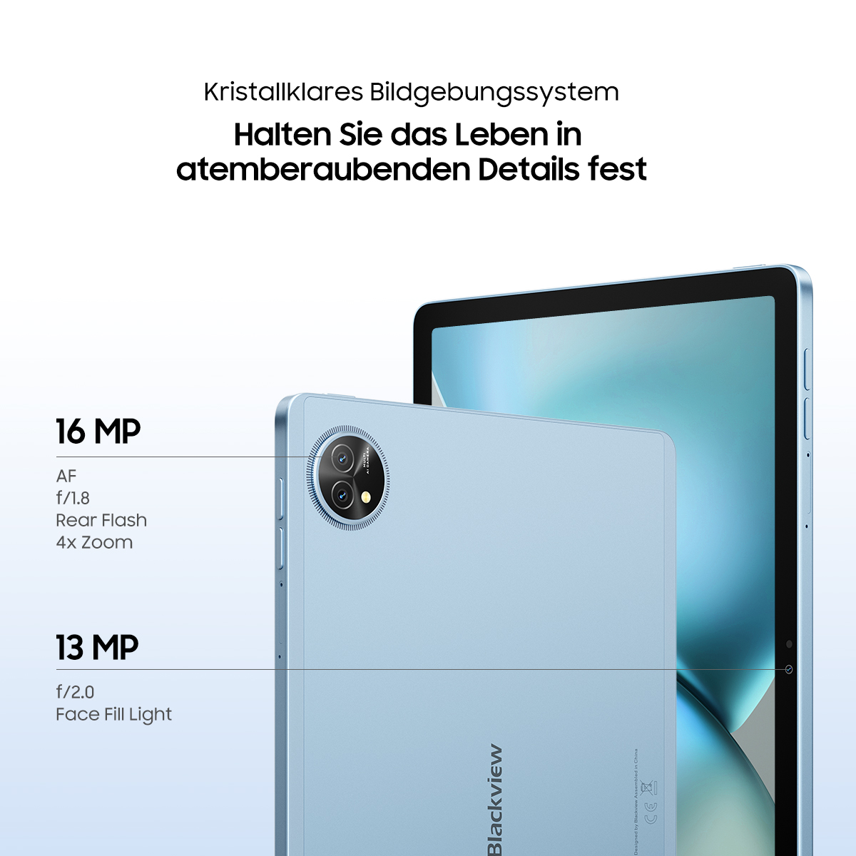 Ein hellblaues Tablet von Blackview. Text hebt die Kameraspezifikationen hervor, einschließlich 16MP und 13MP Kameras. Der Hintergrund zeigt ein anderes Tablet.