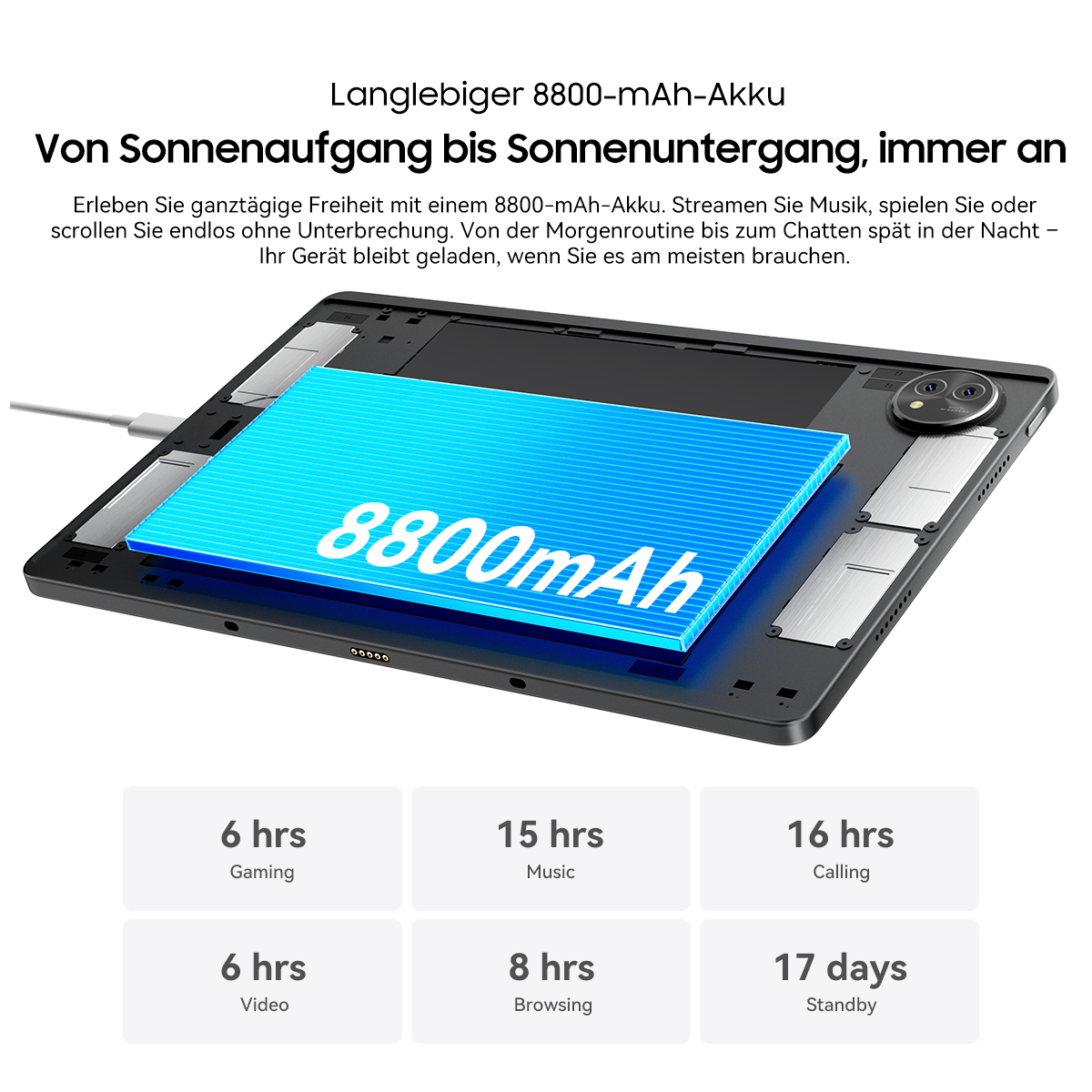 Tablet mit 8800mAh-Akku. Zeigt Nutzungszeiten für Gaming, Musik, Video, Surfen, Anrufen und Standby.