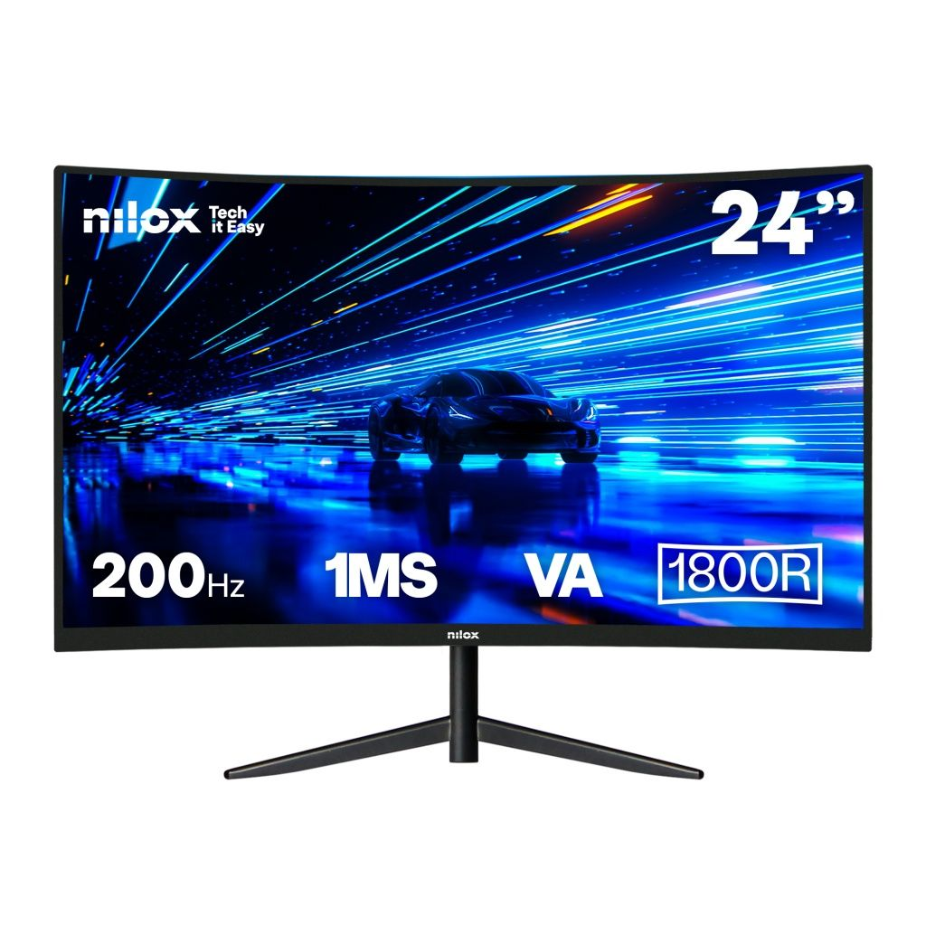 Monitor Nilox curvo con grafica di auto, display da 24 pollici e specifiche: 200Hz, 1MS, VA, 1800R.