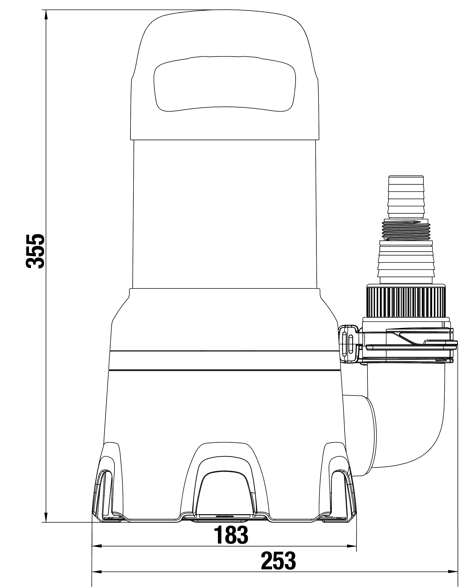 Diagrama de una bomba. Muestra dimensiones y componentes, incluyendo asa, salida y base. Líneas negras sobre fondo verde.