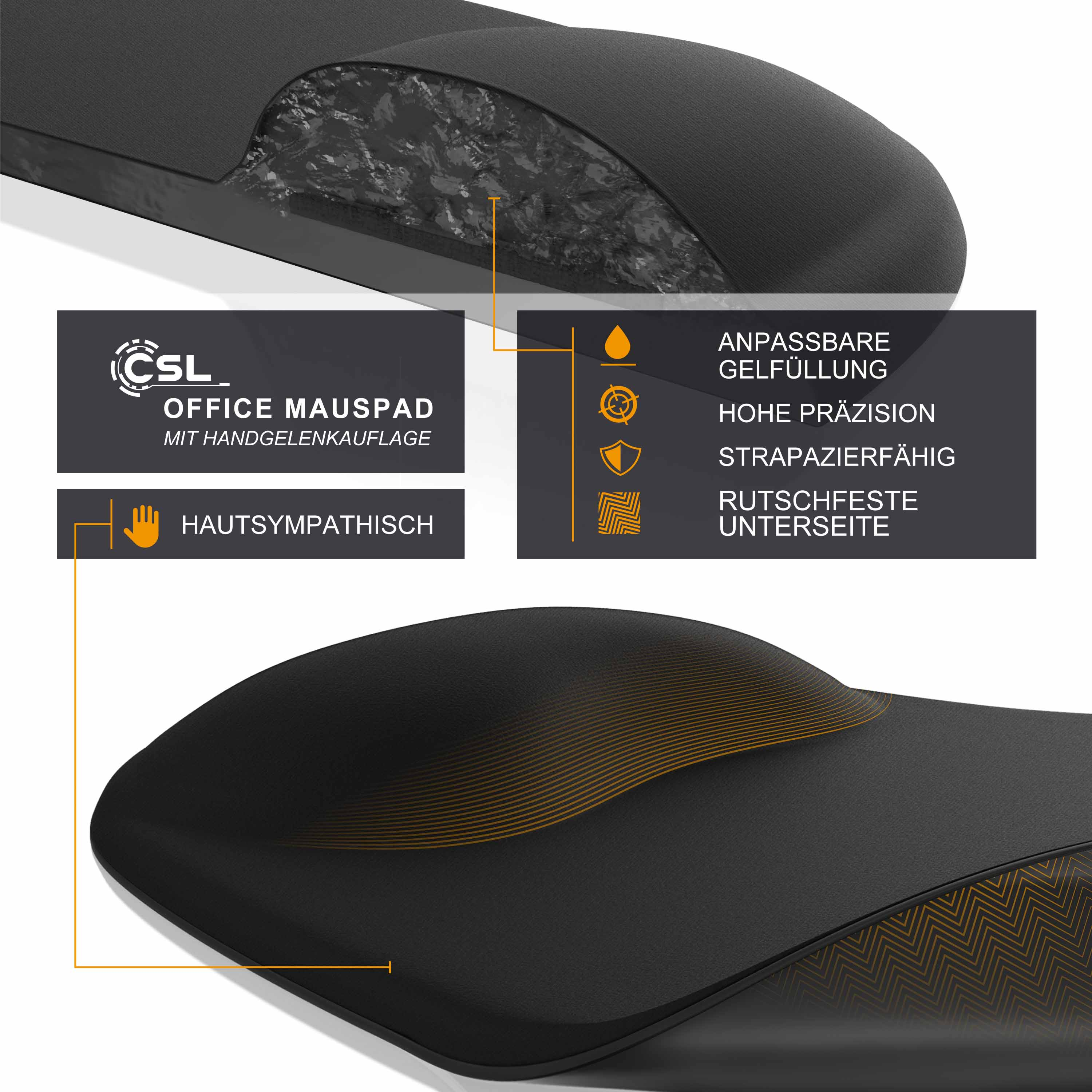 Schwarzes ergonomisches Mauspads mit Gel-Füllung, Handauflage und rutschfestem Boden. Produktangaben und Logos.