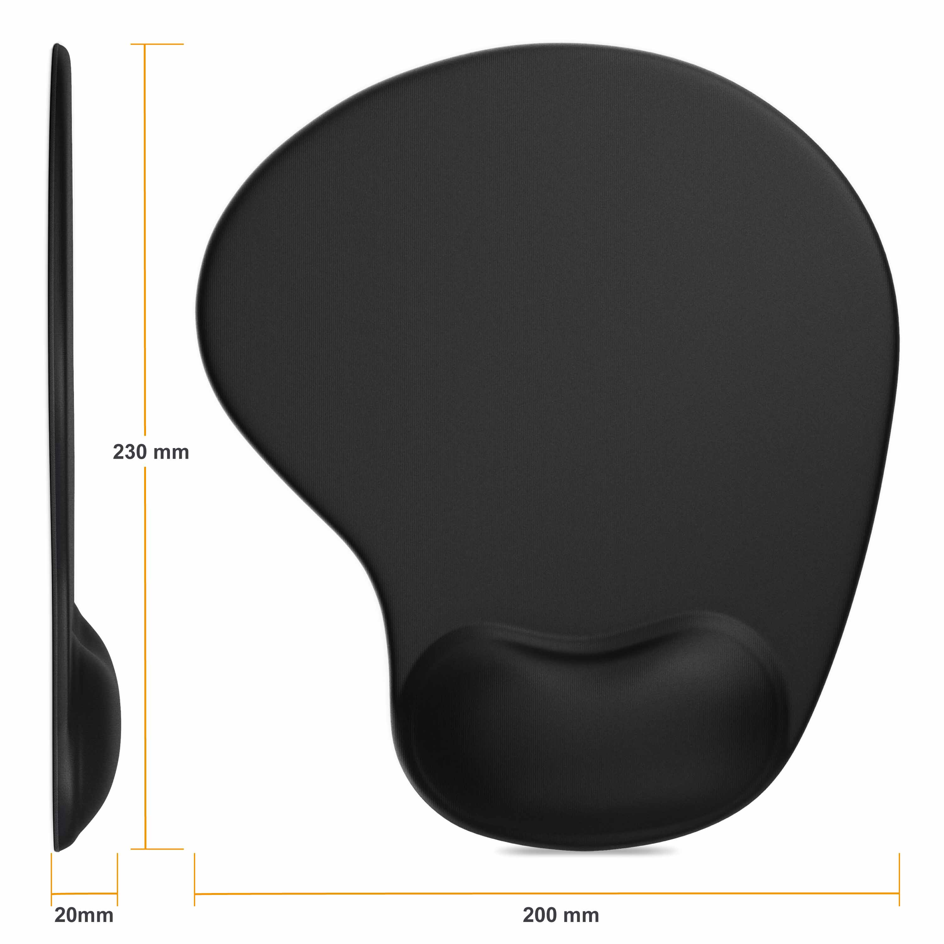 Schwarzes ergonomisches Mauspads mit Handballenauflage. Abmessungen in mm. Seitenansicht zeigt 20 mm Dicke.