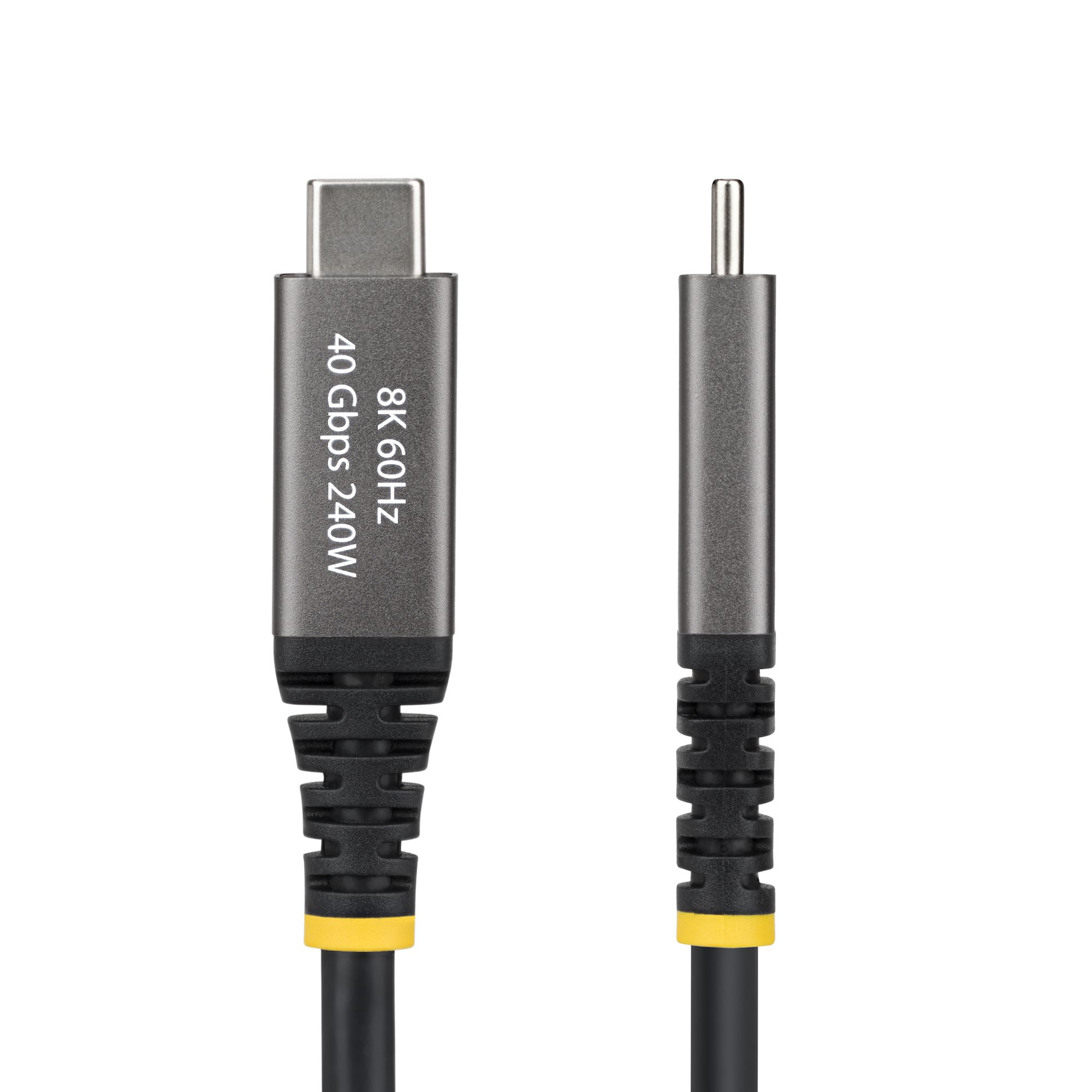 Ein graues USB-C-Kabel mit der Aufschrift 40 Gbit/s, 8K 60Hz und 240W. Es hat schwarze und gelbe Akzente.