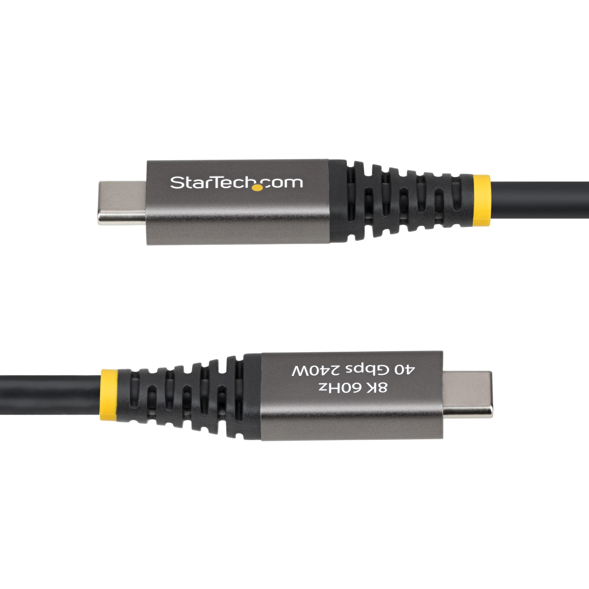 Ein USB-C-Kabel mit grauen Steckern und schwarzem Kabel. Auf dem Stecker steht: StarTech.com, 8K 60Hz 40 Gbit/s 240W.
