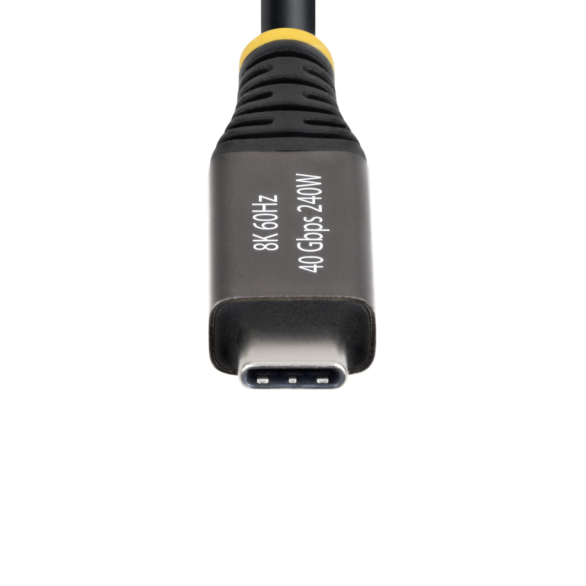 Ein USB-C-Kabel. Der Stecker ist grau, mit weißem Text, der 8K 60Hz und 40 Gbit/s 240W anzeigt.