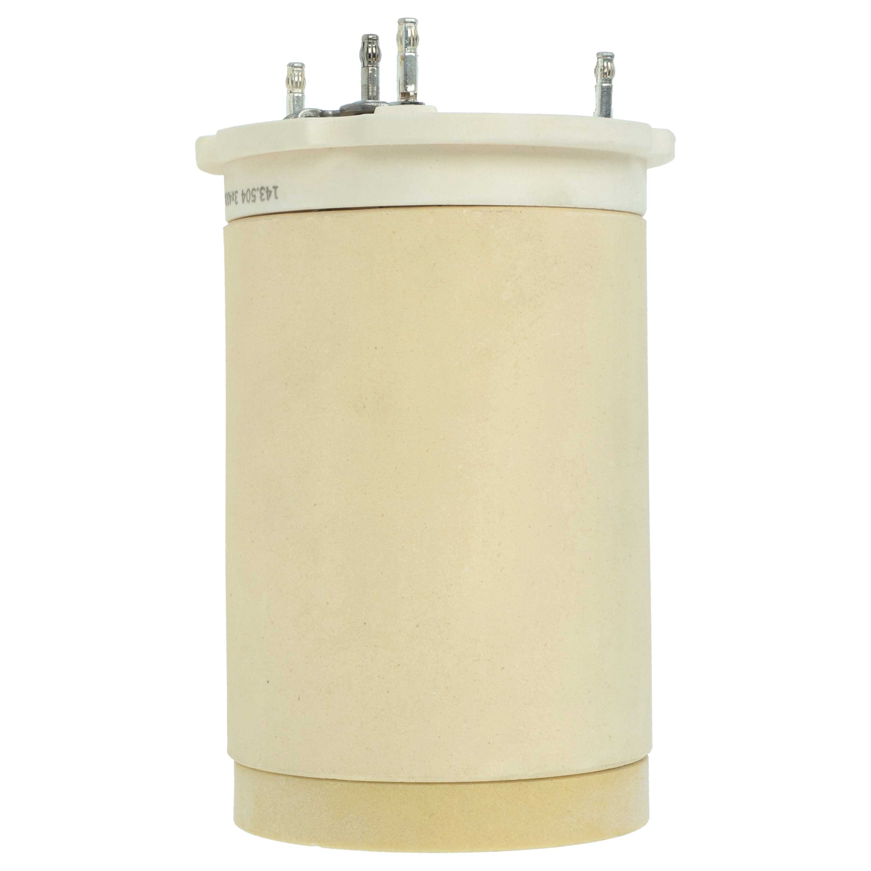 Eine zylindrische Komponente mit beigem Körper, weißer Oberseite und Metallstiften. Die Basis ist ebenfalls beige.