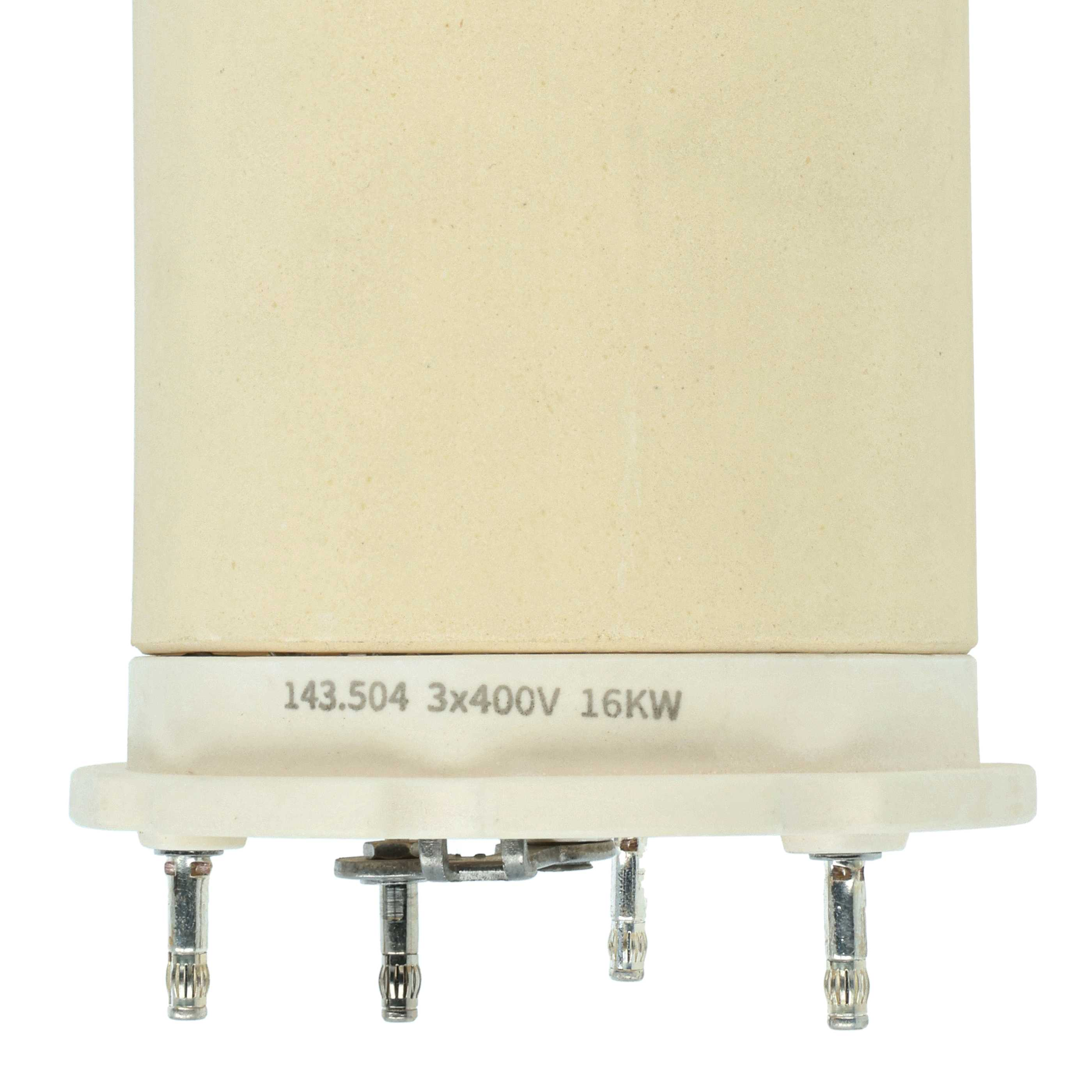 Ein beiges keramisches Heizelement mit Metallstiften. Auf der Seite steht: 143.504 3x400V 16KW.