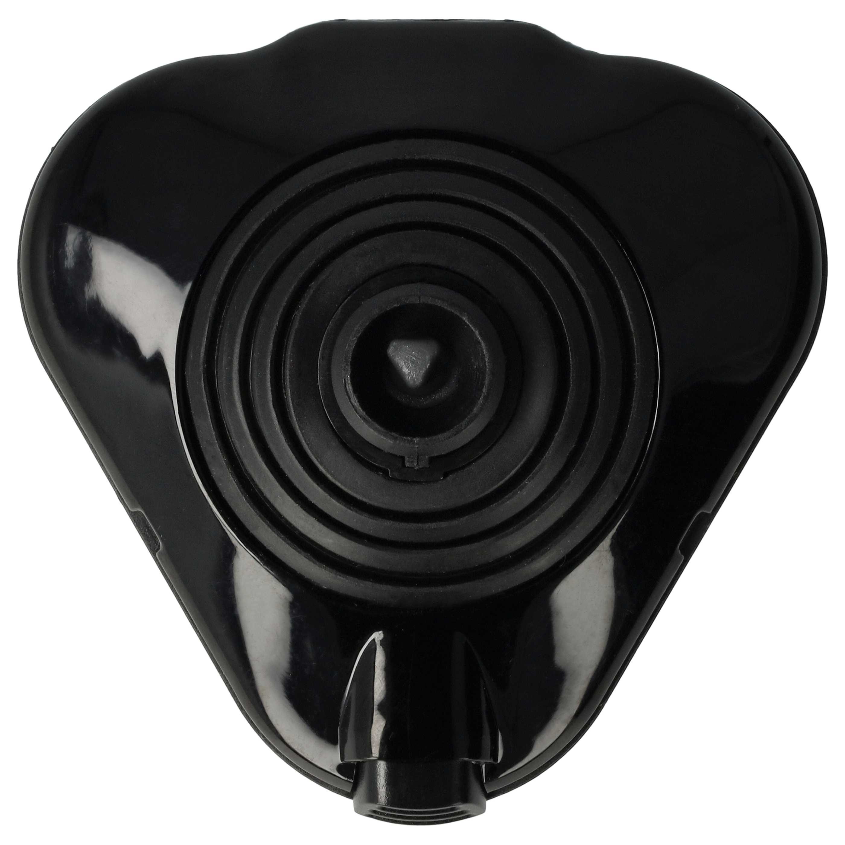 Nahaufnahme eines schwarzen, dreieckigen Geräts. Es hat ein zentrales kreisförmiges Design mit konzentrischen Ringen und einer Düse.