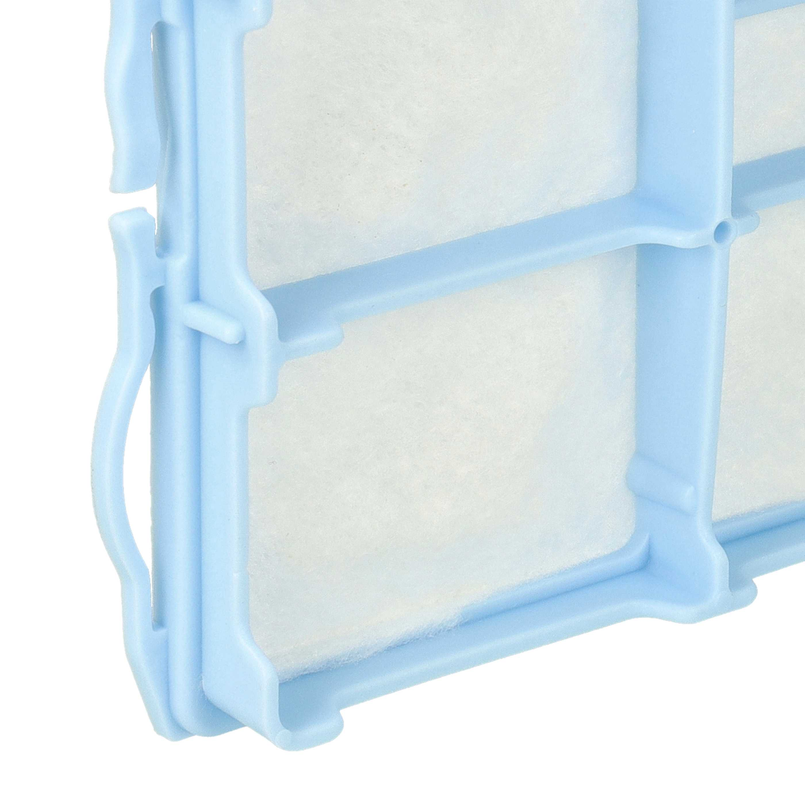 Nahaufnahme eines hellblauen Filterrahmens mit weißem Filtermaterial. Der Rahmen hat einen Griff.