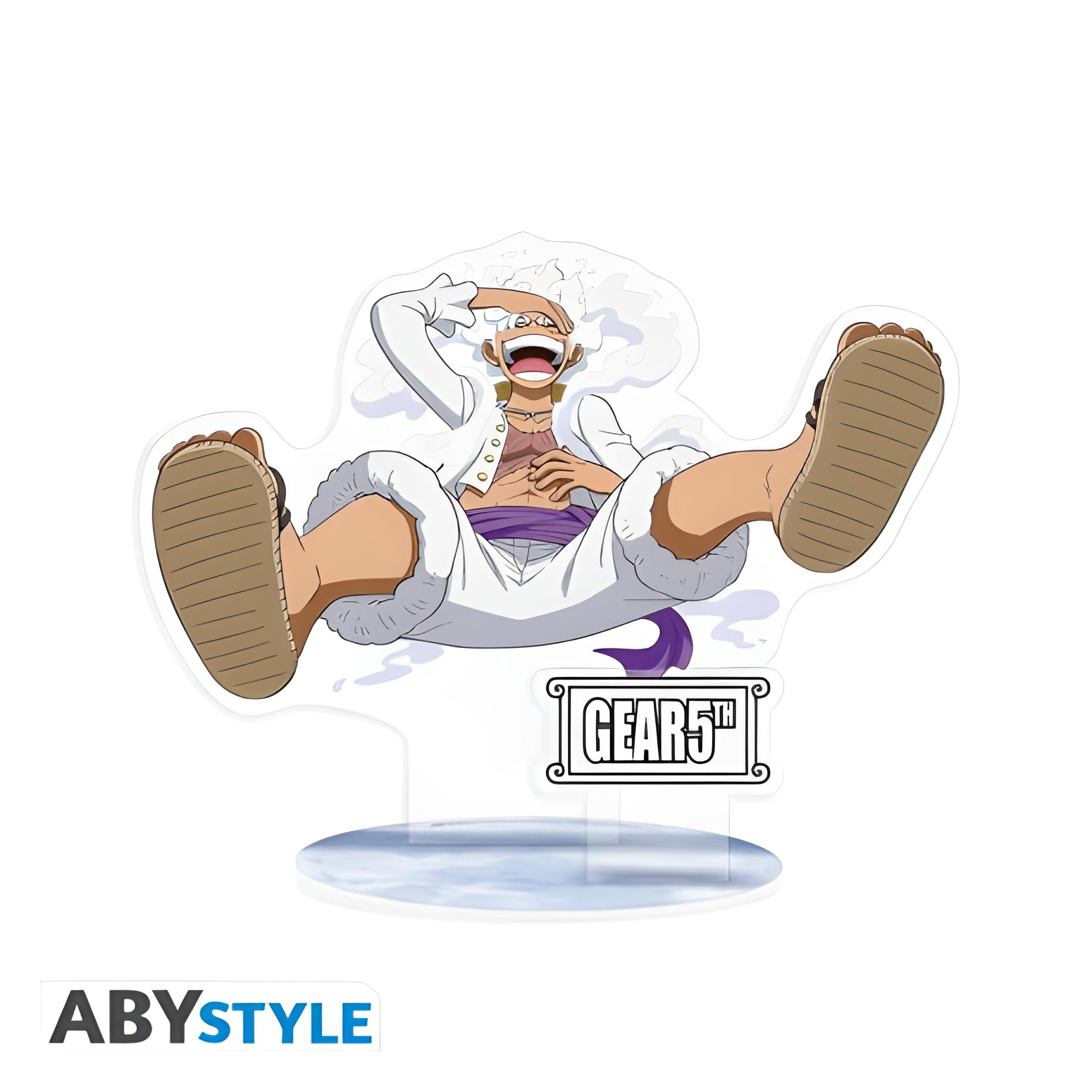 Anime-Figur einer Figur in weißer Kleidung, lila Gürtel und Sandalen, die liegt und lächelt. "GEAR 5th"-Logo unten.