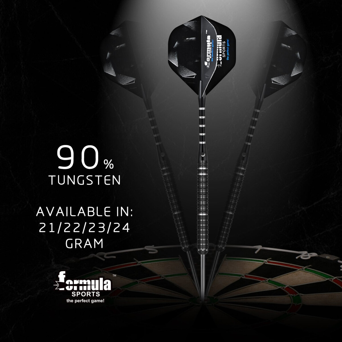 Three darts with black and silver design are in front of a dartboard. The text indicates 90% tungsten and available gram weights.
