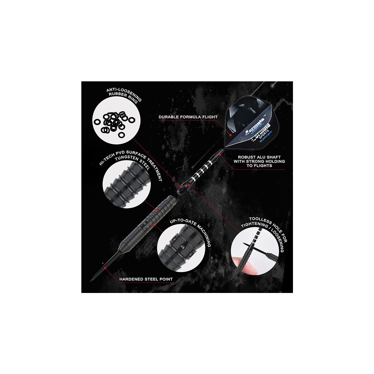 Diagram of a dart with labeled parts like the steel point, tungsten steel, and rubber ring. Black and white background.