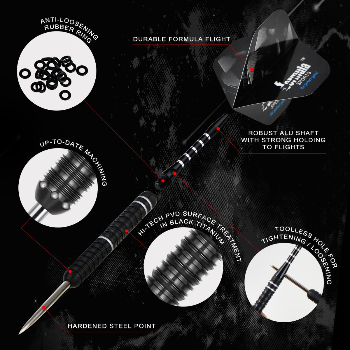 Image shows a black dart with labels highlighting features like 'Hardened Steel Point' and 'Durable Formula Flight'.