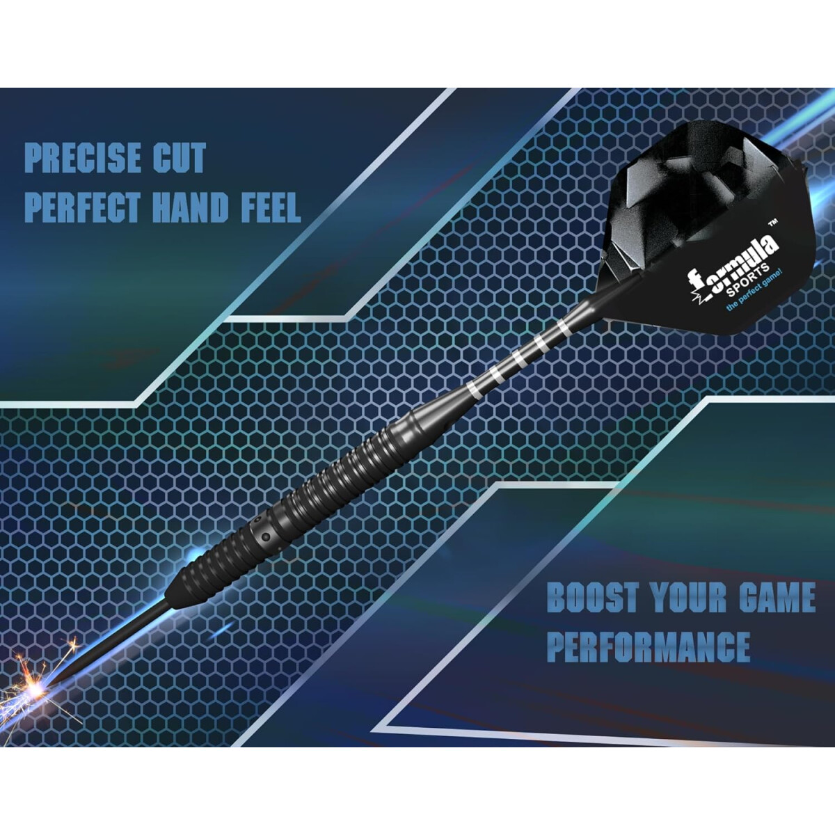 A black dart with white stripes and a black fin, on a blue background. Text reads: Precise Cut, Perfect Hand Feel, Boost Your Game Performance.
